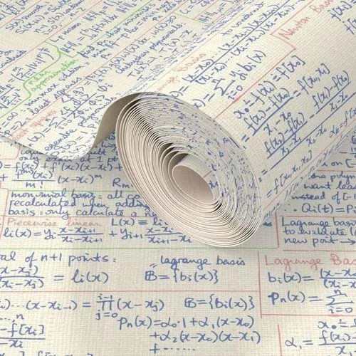 A rolled-up piece of graph paper with handwritten notes for mathematics, including equations and mathematical expressions, on a larger sheet of paper.