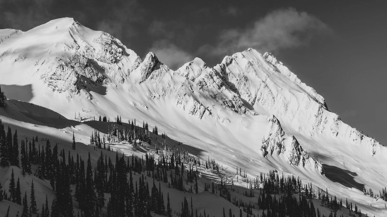 Black and white photo of snow-covered mountain peaks with tall trees at the base and a cloudy sky. Island Lake Lodge. Fernie, British Columbia, Canada