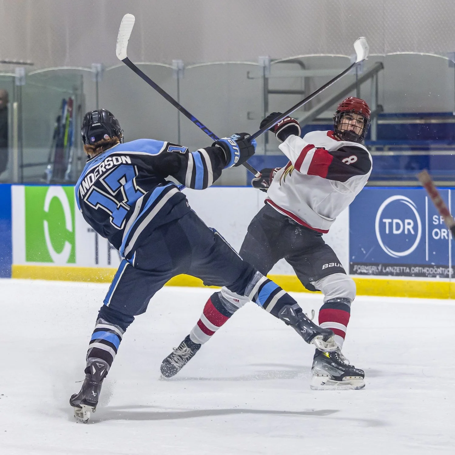 Two ice hockey players in a fight on the rink, one wearing a blue jersey and the other in white, with both raising their hockey sticks.