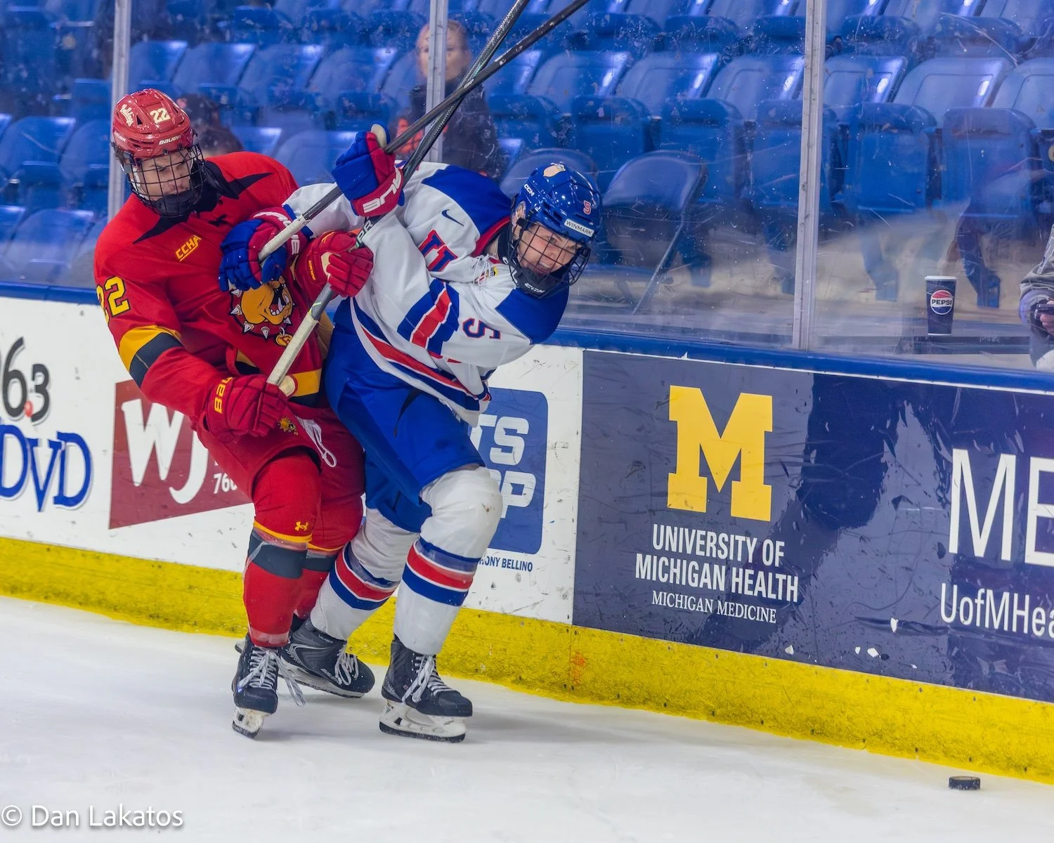 Two ice hockey players from opposing teams battling near the boards, one in a red uniform and the other in a white and blue uniform, during a game at an arena with empty blue seats and advertising banners.