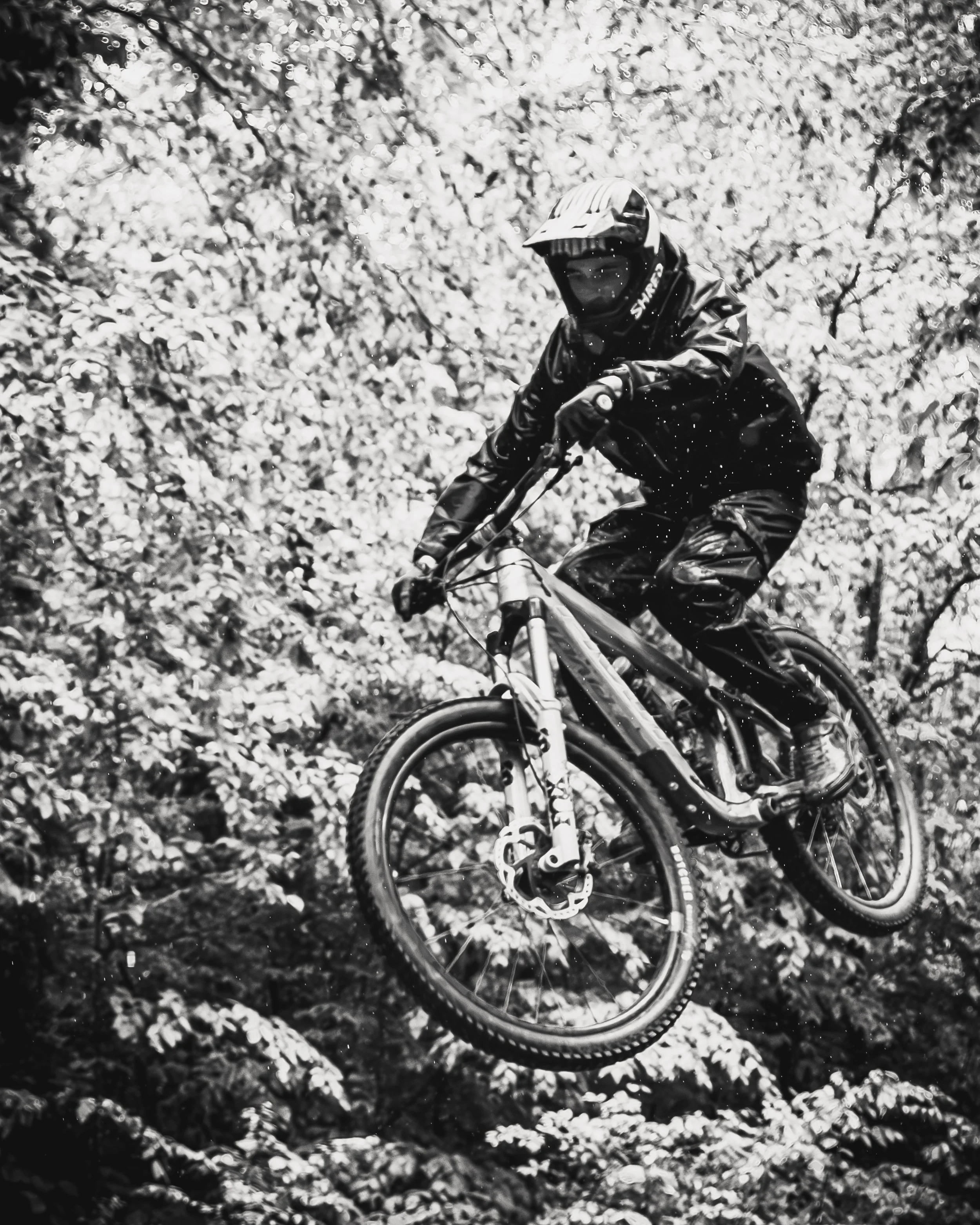 A person wearing a helmet and motocross gear riding a mountain bike or dirt bike through a wooded area with many trees and fallen leaves on the ground. Killington, VT, USA