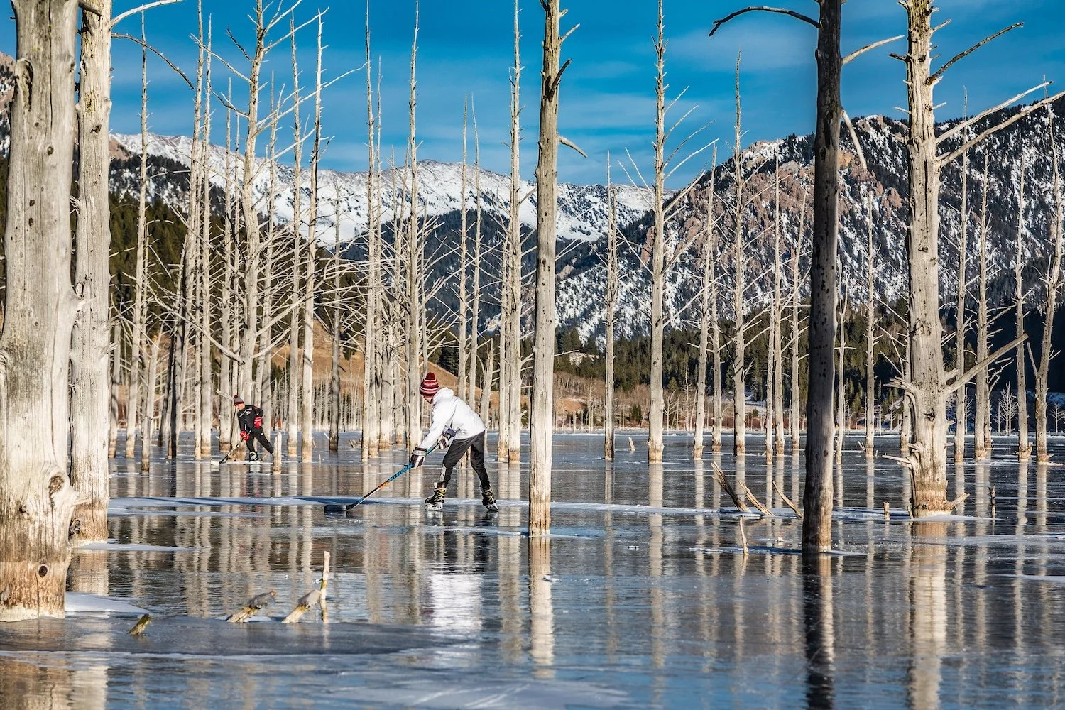 Two people are playing hockey on a frozen lake with leafless trees, and mountain peaks with snow in the background under a blue sky.