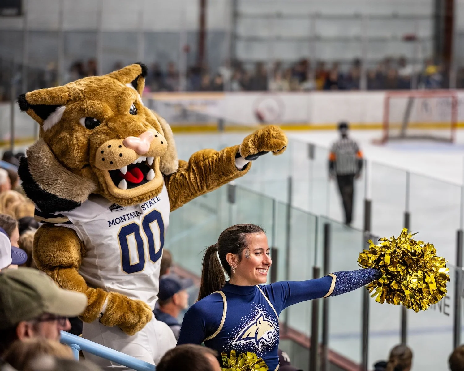A cheerleader in a blue uniform with a lion logo holding gold pom-poms at an ice hockey game, with a mascot dressed as a lion or tiger pointing towards the ice rink in the background.