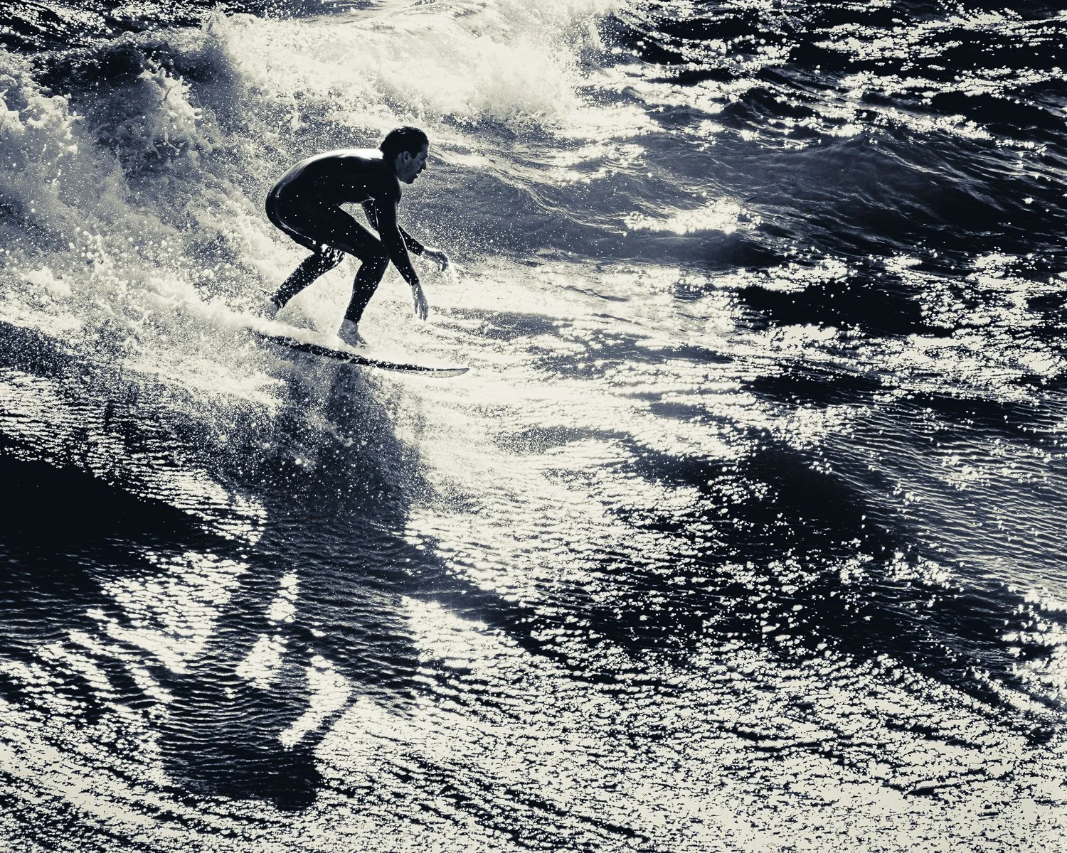 A person surfing on a wave in the Pacific Ocean, wearing a wetsuit, with water splashing and sunlight reflecting on the water. Manhattan Beach, California, USA.