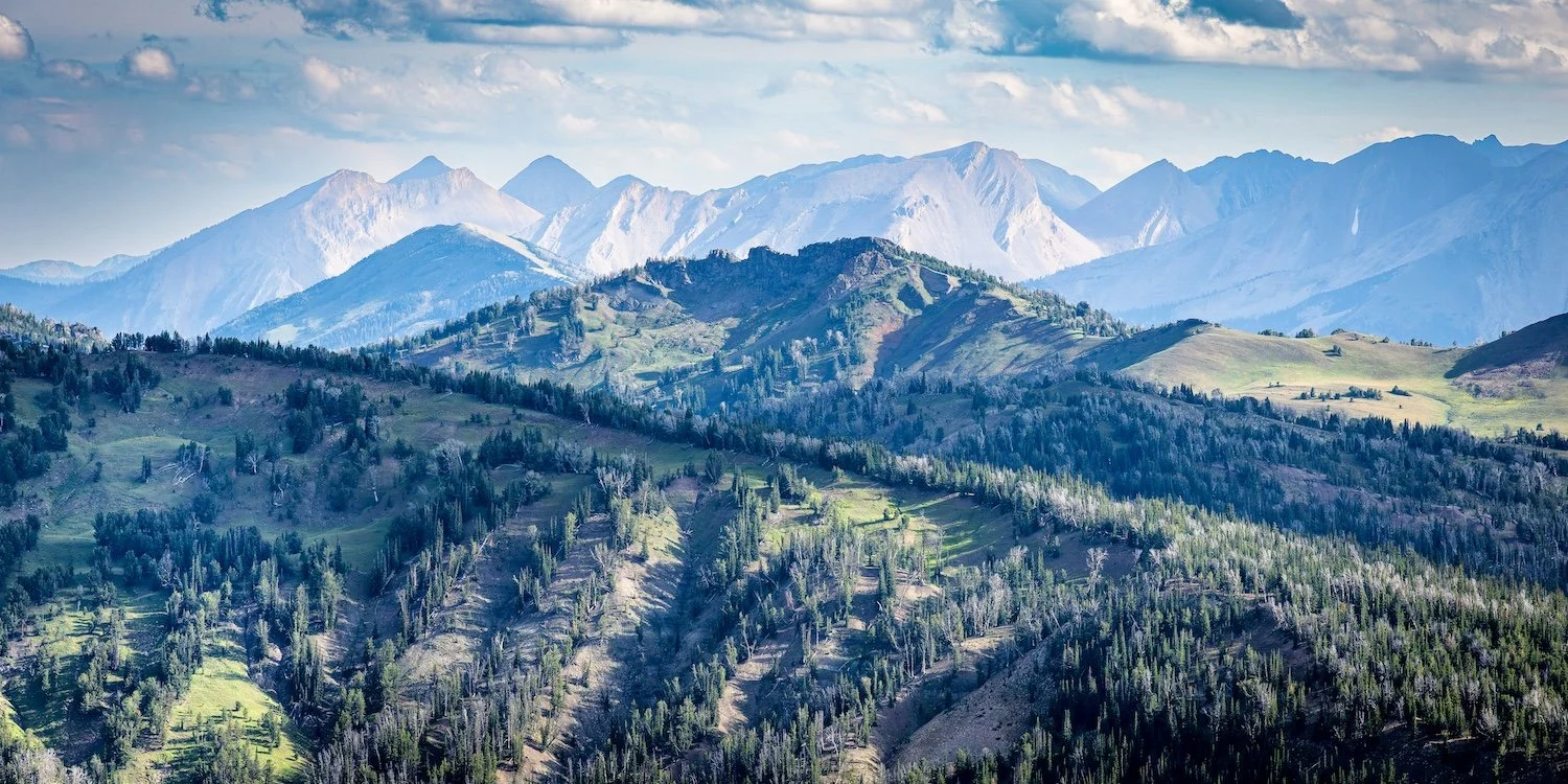 Scenic view of mountains with green rolling hills and dense forests under a partly cloudy sky.