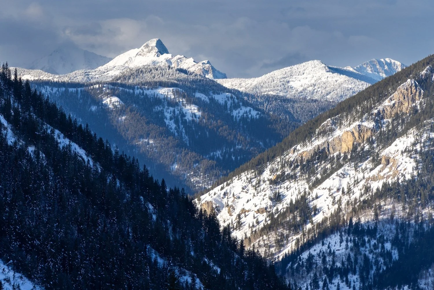 Snow-covered mountain range with tall peaks, forested slopes, and a cloudy sky. Island Lake Lodge. Fernie, British Columbia, Canada