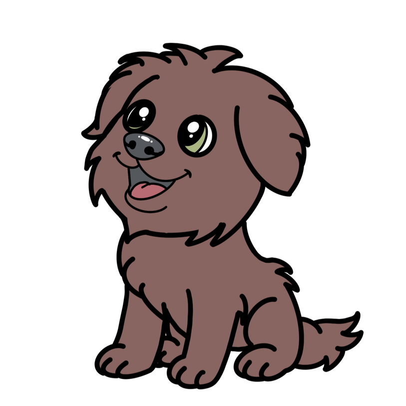 Cartoon illustration of a happy brown puppy with big green eyes and floppy ears, sitting and looking cheerful.