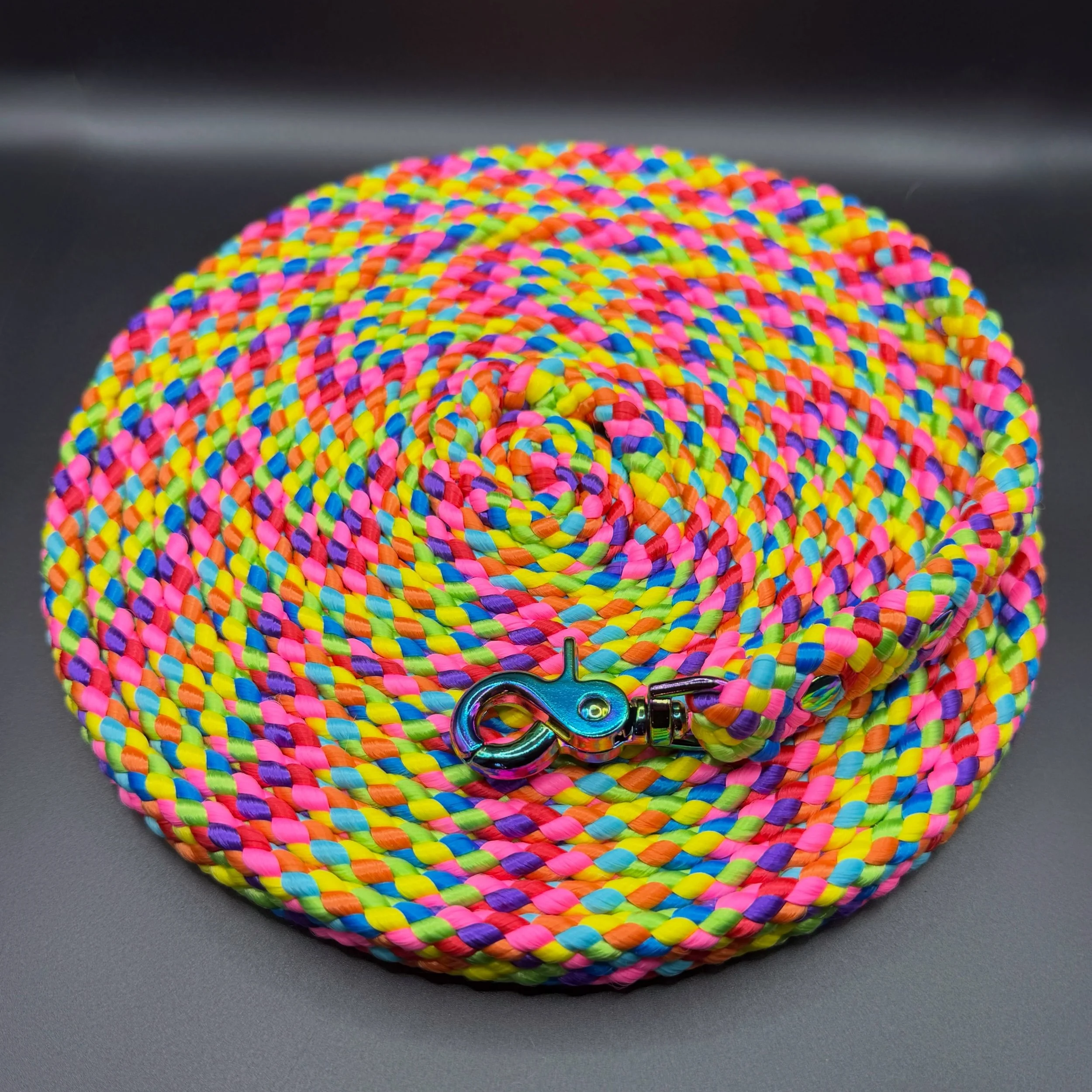 This absolute beast of a long line barely fit in my photo box! 
But just look at how beautiful it is 🌈, and it&rsquo;s a matching set? 🤩  The best.

20 ft Clip-style Long Line with Neo-Chrome finishes
AND
Safety Clip
Color: Rainbow 

#handmade #sma