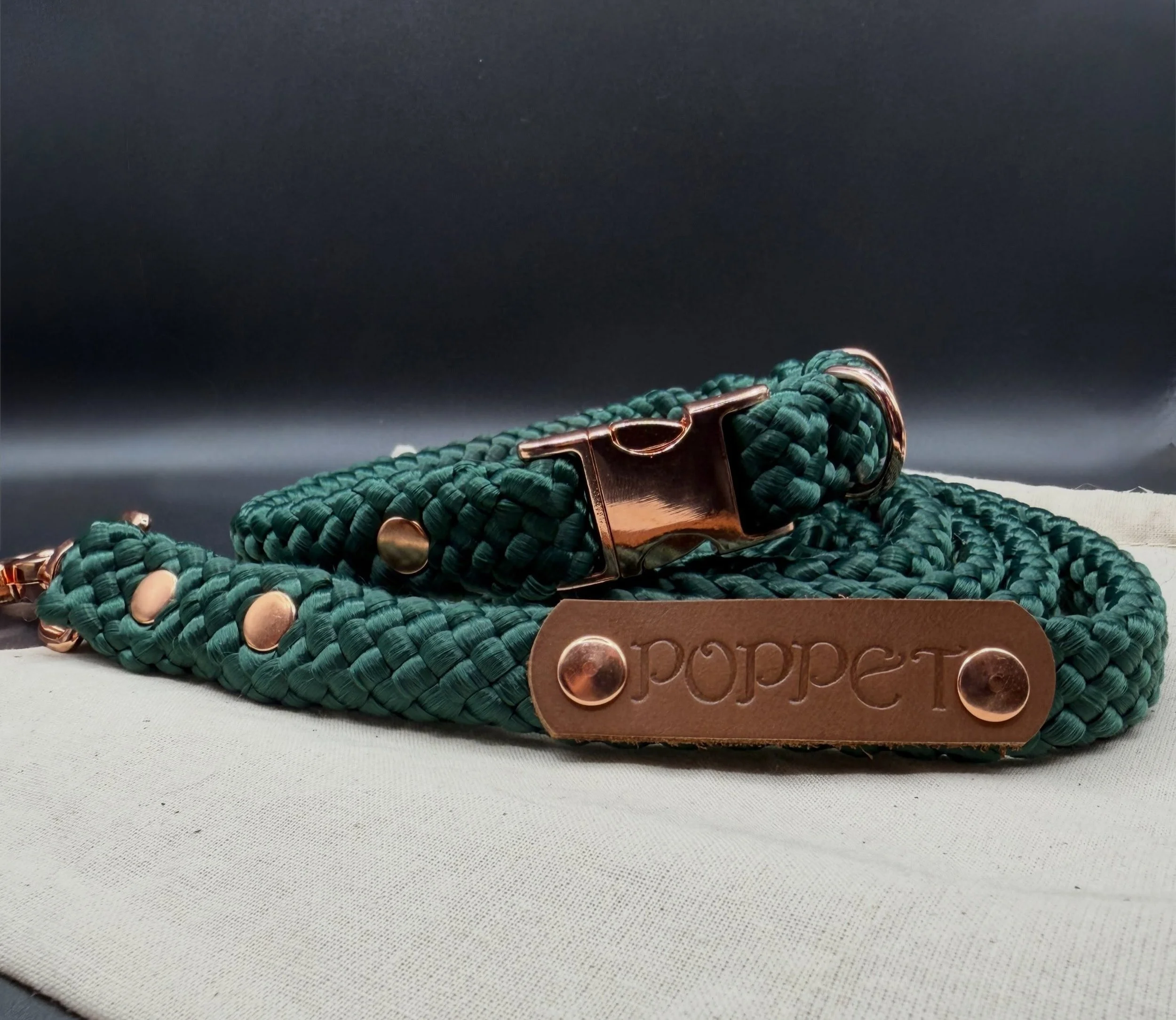 I love this color combo 💚🩷 it looks so classy. 

Custom sized Buckle collar with Rose Gold finishes
Color: Dark Green

5ft Clip style with Rose Gold finishes &amp; custom Name Plate
Color: Dark Green 

#handmade #shopsmall #petleash #petcollar