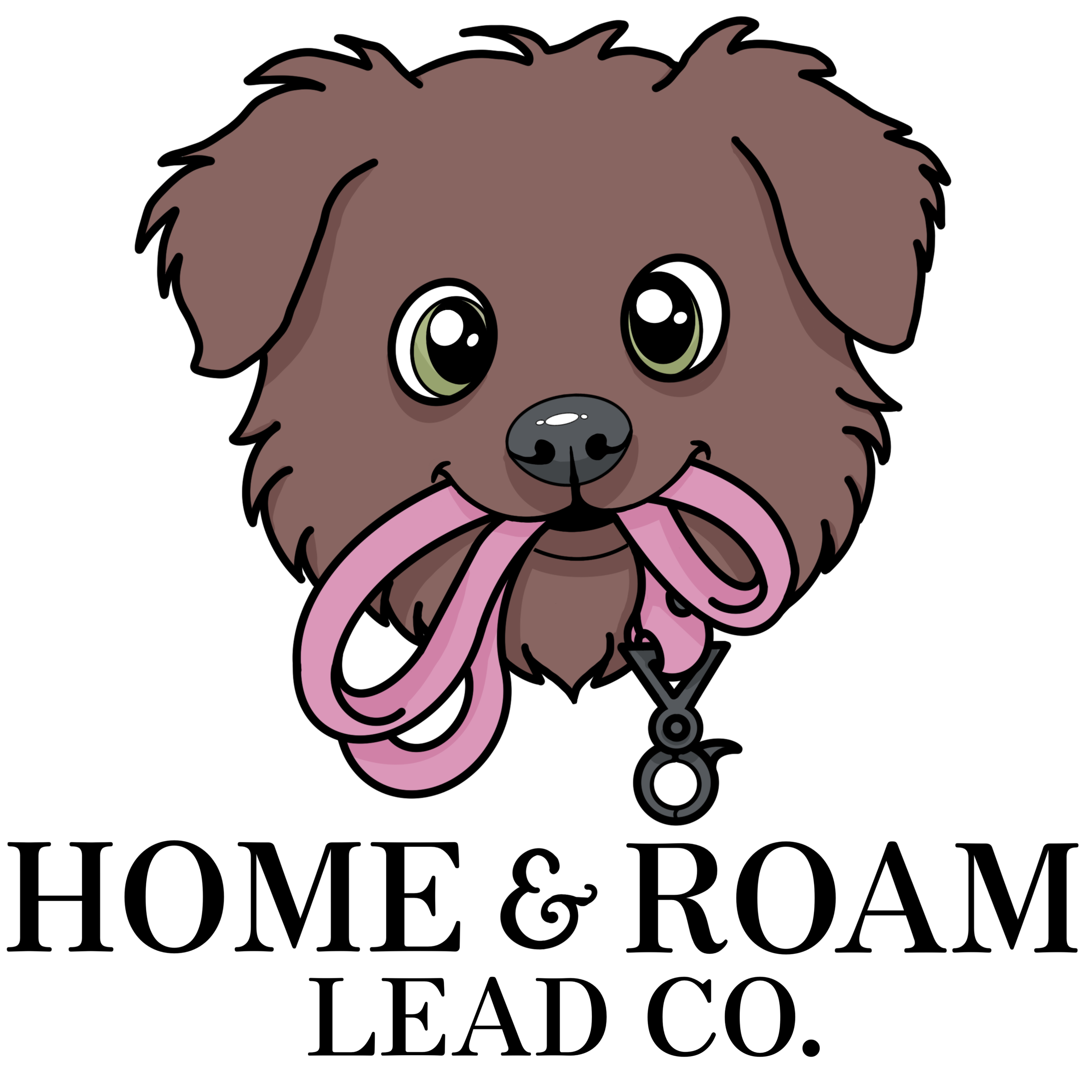 Cartoon illustration of a cute puppy with big green eyes, a grey nose, and a pink leash in its mouth.