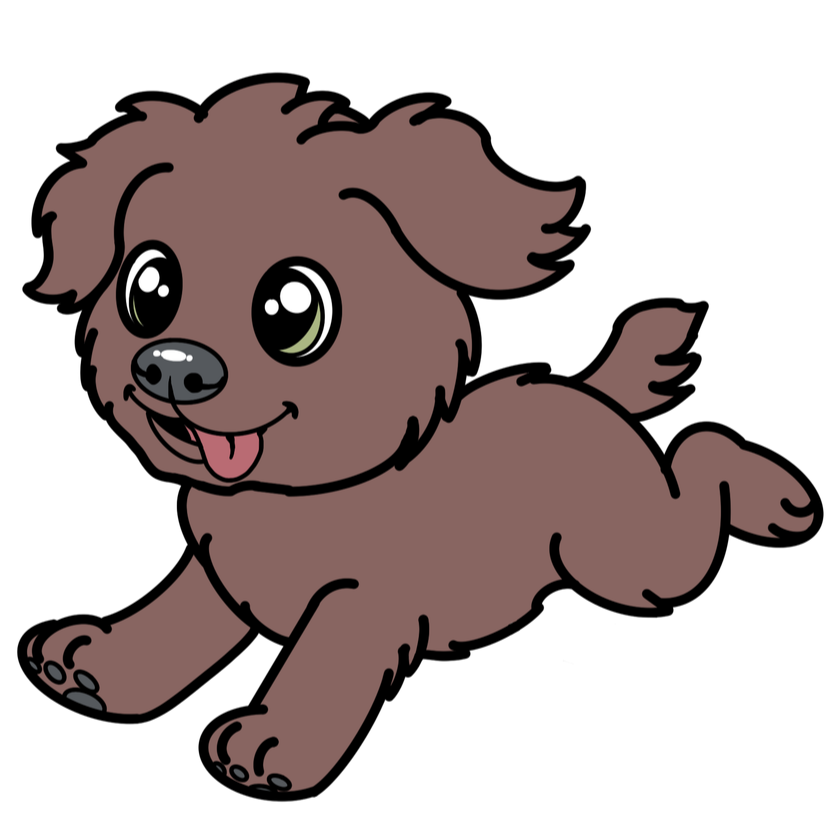 A cartoon illustration of a brown puppy with big, shiny eyes and a happy expression, running with its tongue out.