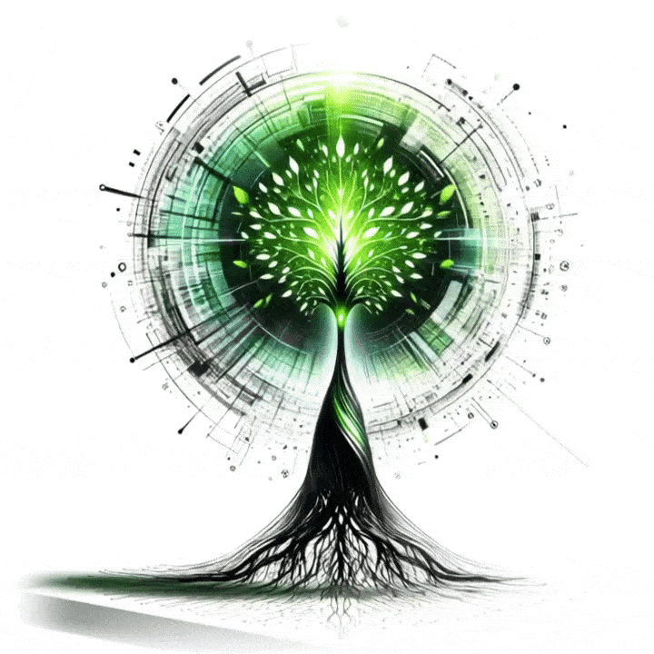Abstract digital illustration of a glowing green tree with roots extending downward, surrounded by circular, futuristic patterns and lines against a white background. The design conveys innovation and technology.