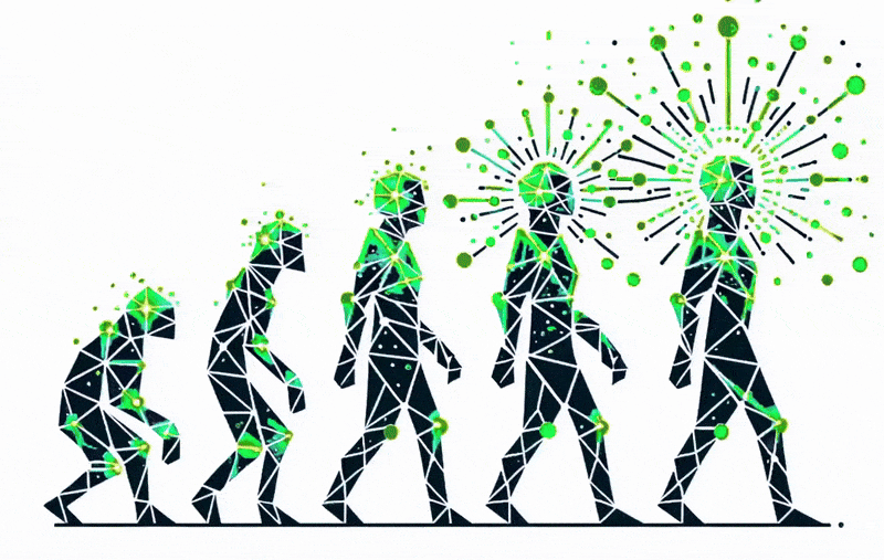 Abstract depiction of human evolution with digital geometric patterns and green dots. Figures progress from crouched to upright with increasing complexity and bright green bursts near the head, symbolizing cognitive evolution.