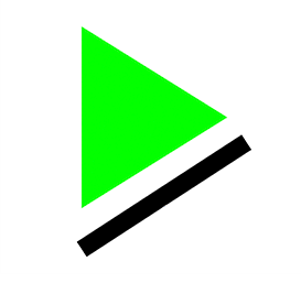 Neon green play button icon next to a black forward slash on a white background.