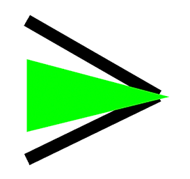 Green triangle with two black lines forming an arrow shape on white background.