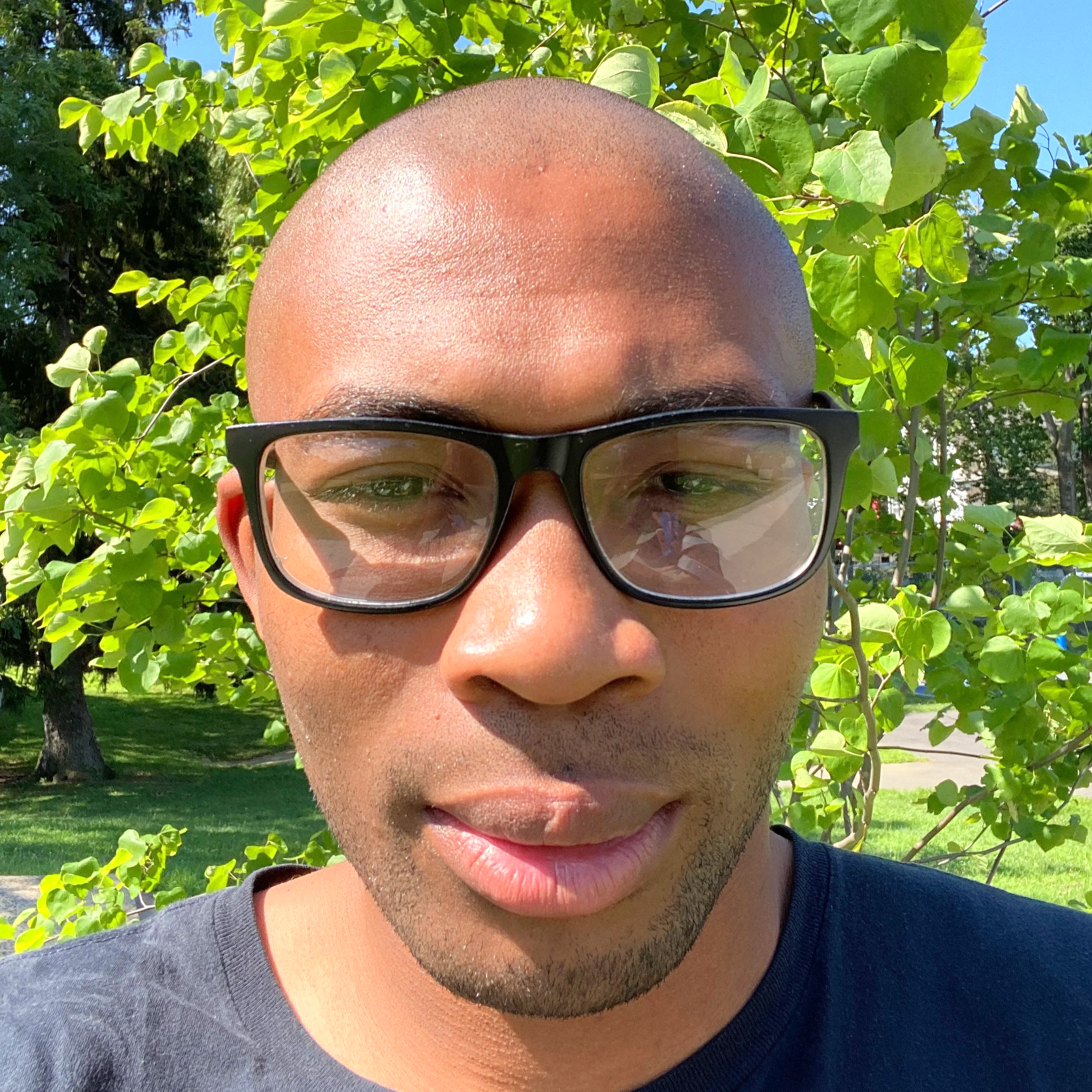 Close-up of a person's face wearing sunglasses, with a background of green leaves and blue sky.