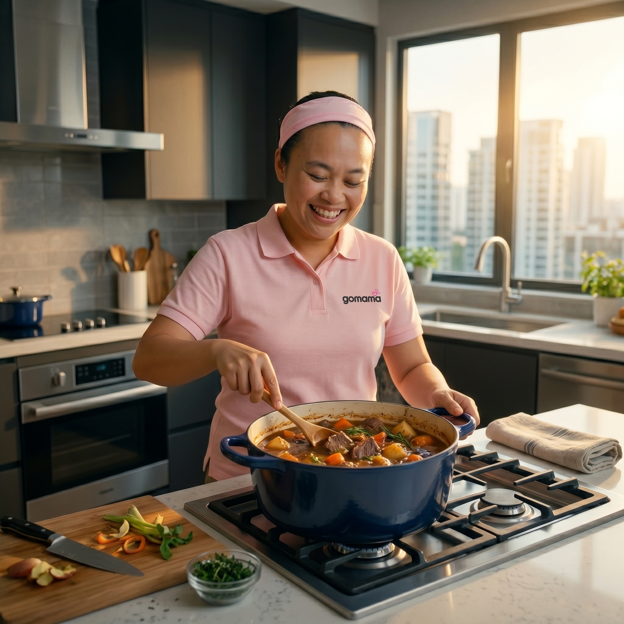 A woman in a pink shirt and headband is cooking stew in a large pot on a gas stove in a modern kitchen with large windows and city buildings in the background.