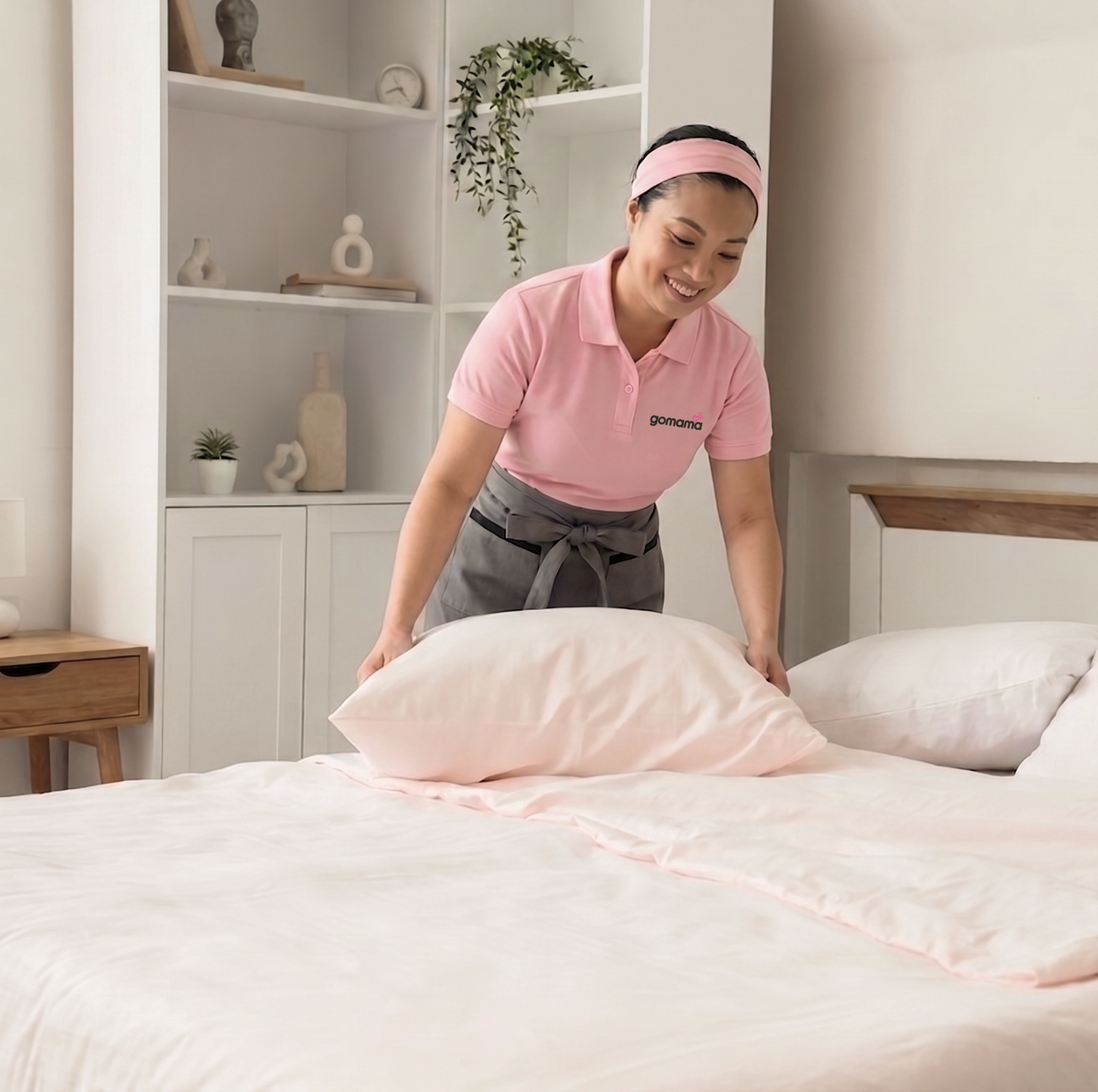 A woman in a pink polo shirt and gray apron is making a bed with light pink sheets and pillows. She is smiling and wearing a pink headband. The bedroom has a white shelf with decorative items like plants, a clock, and sculptures, and a wooden nightstand.