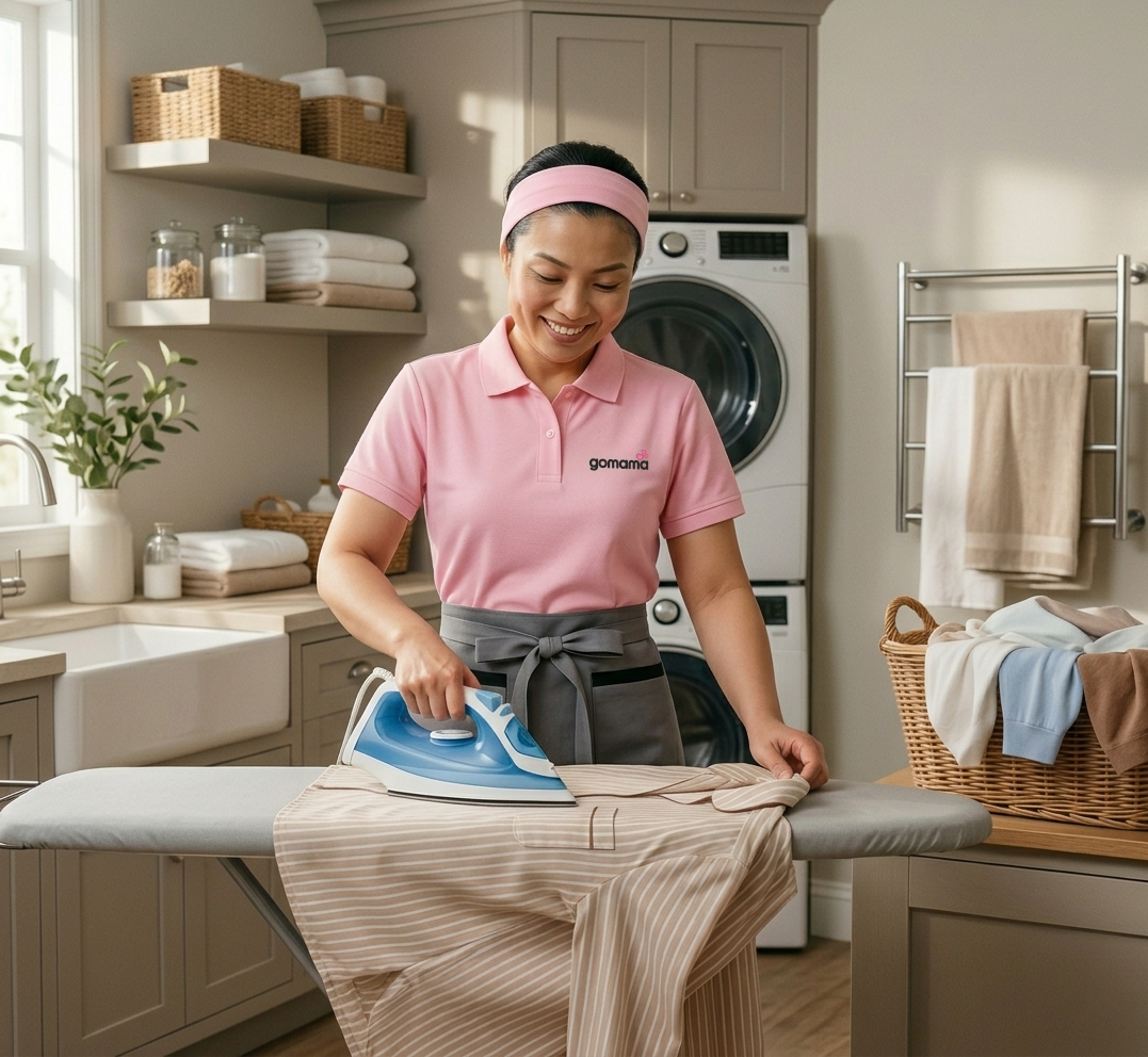 Woman in pink shirt and gray apron ironing beige striped shirt on an ironing board in a laundry room.