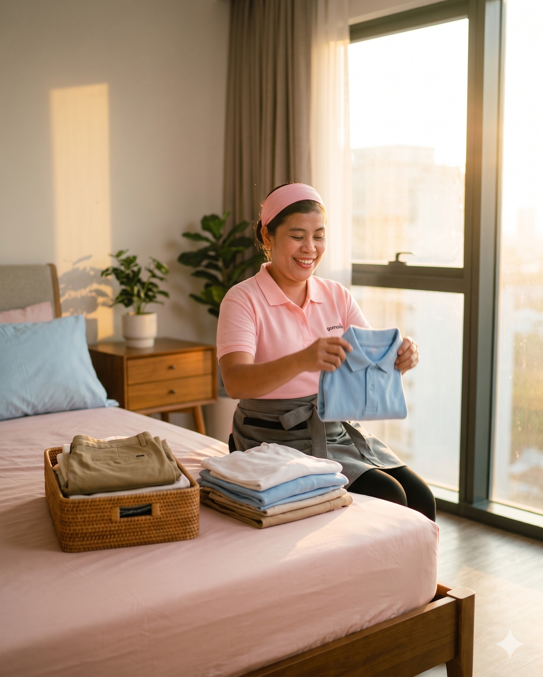 A woman with a pink headband and pink polo shirt folding a blue shirt in a bright room with a bed, cloth basket, and large window with sunlight streaming in.