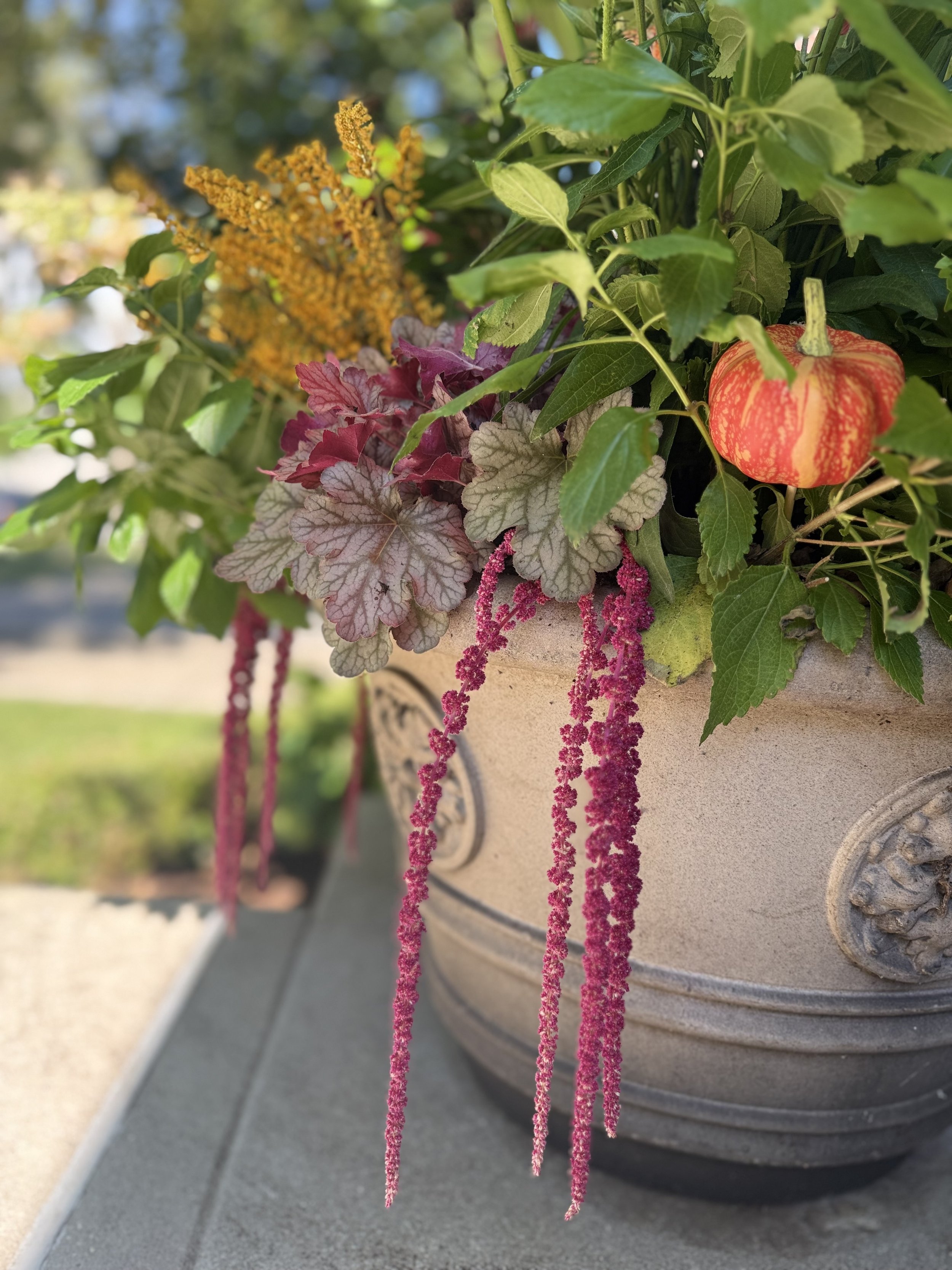 Close-up of a decorative flower arrangement in a large gray pot, featuring pink, purple, and green foliage, with bright pink hanging accents, placed on a gray outdoor surface with a blurred background of trees and sky.