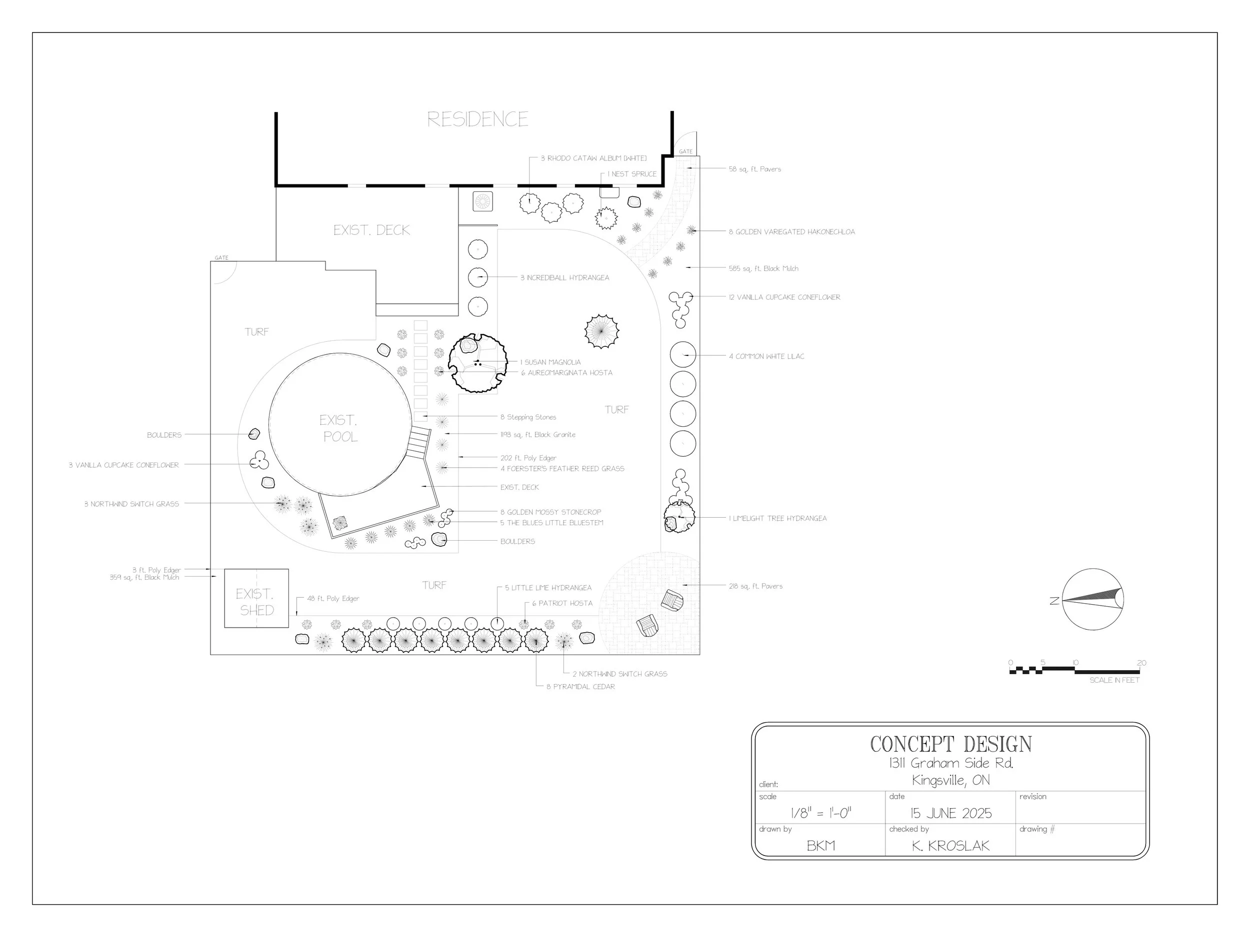 A detailed landscape design plan showing various landscaping elements, including a pool, deck, turf areas, plants, trees, and pathways, with labels describing the types and quantities of plants and materials used.
