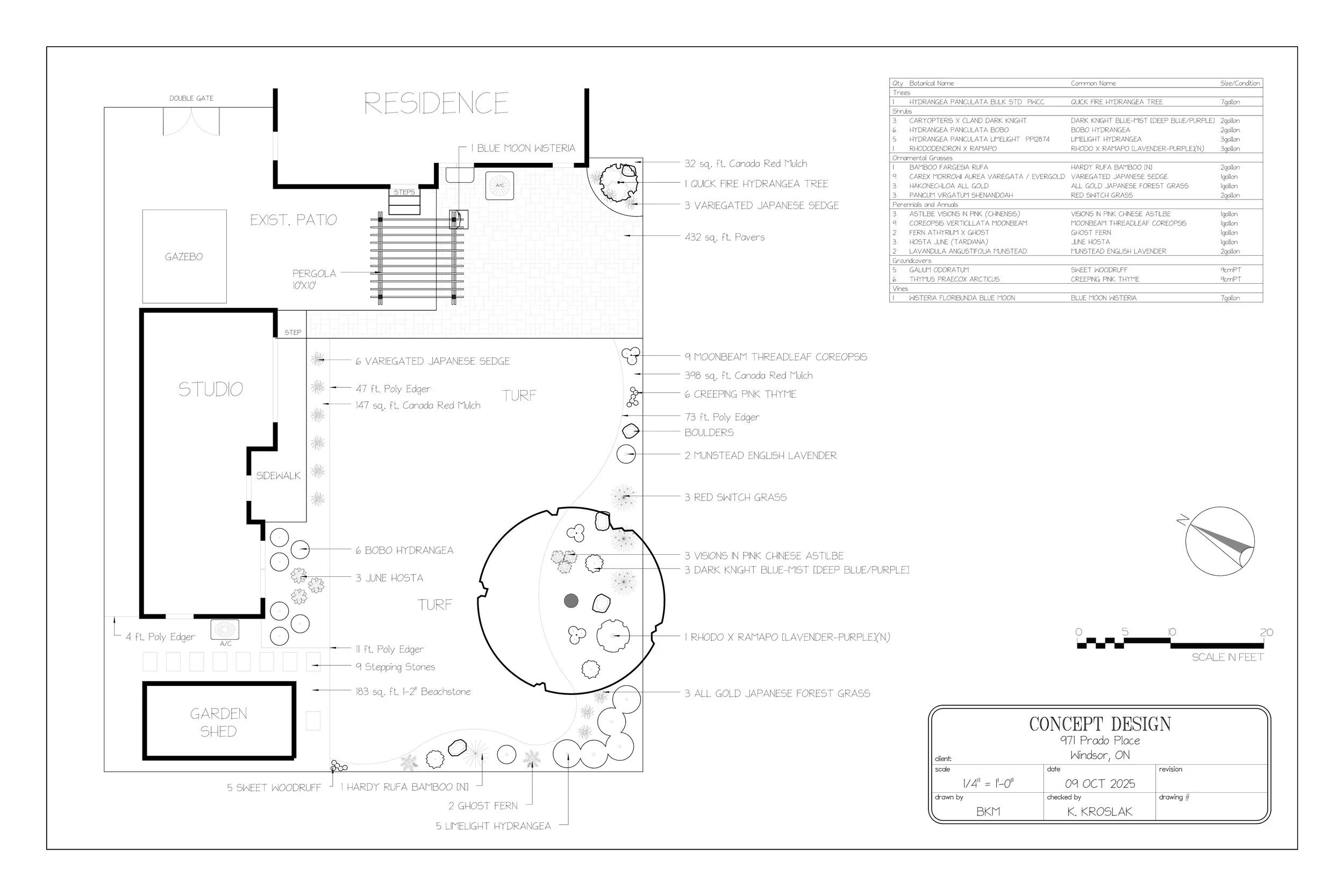 A detailed landscape design plan including areas labeled as residence, studio, gazebo, garden shed, tiered patio, pergola, and specific plantings with annotations and measurements.