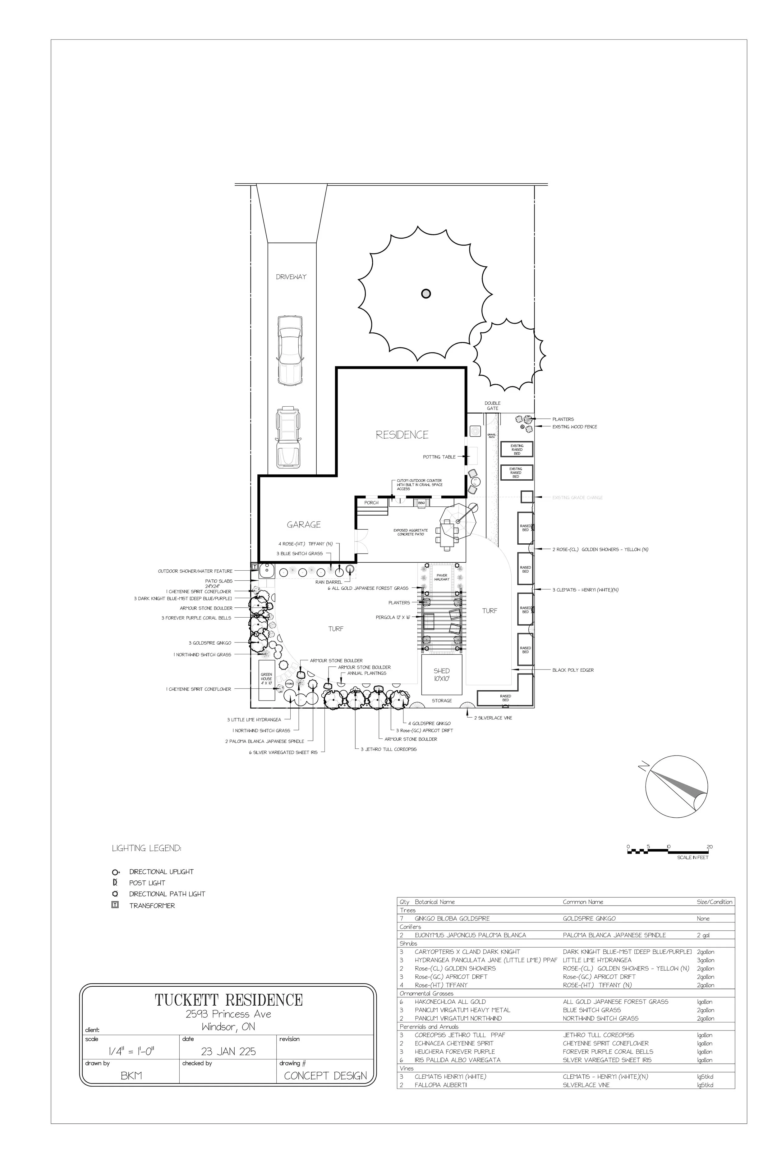 A detailed landscape design plan for a residence, including driveway, garage, turf, trees, shrubs, ornamental grasses, perennials, vines, lighting, and other landscape features, with a North directional indicator.