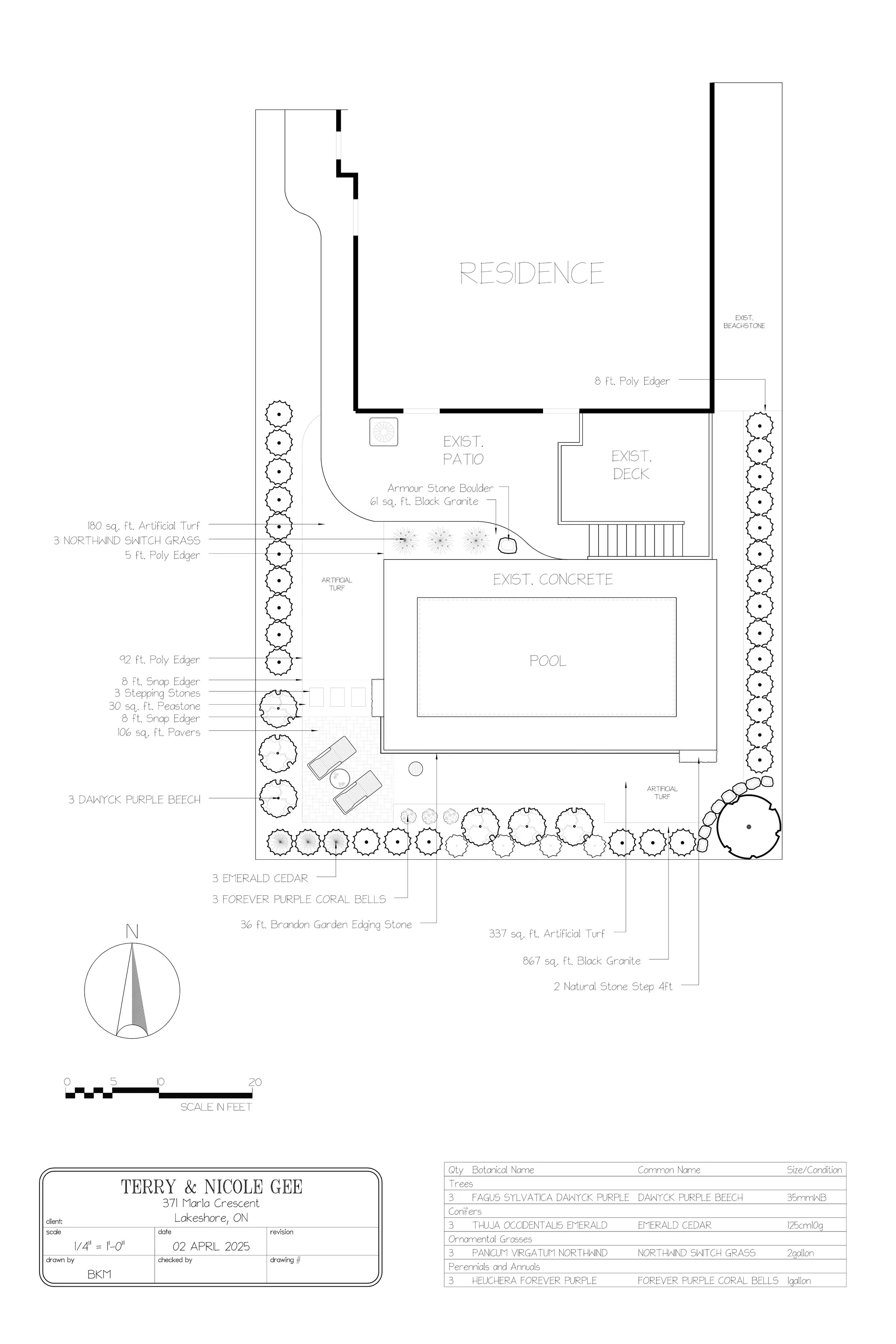 A detailed landscape design plan showing a residence with a pool, patio, deck, and various trees and shrubs surrounding it, including artificial turf and natural stone features.