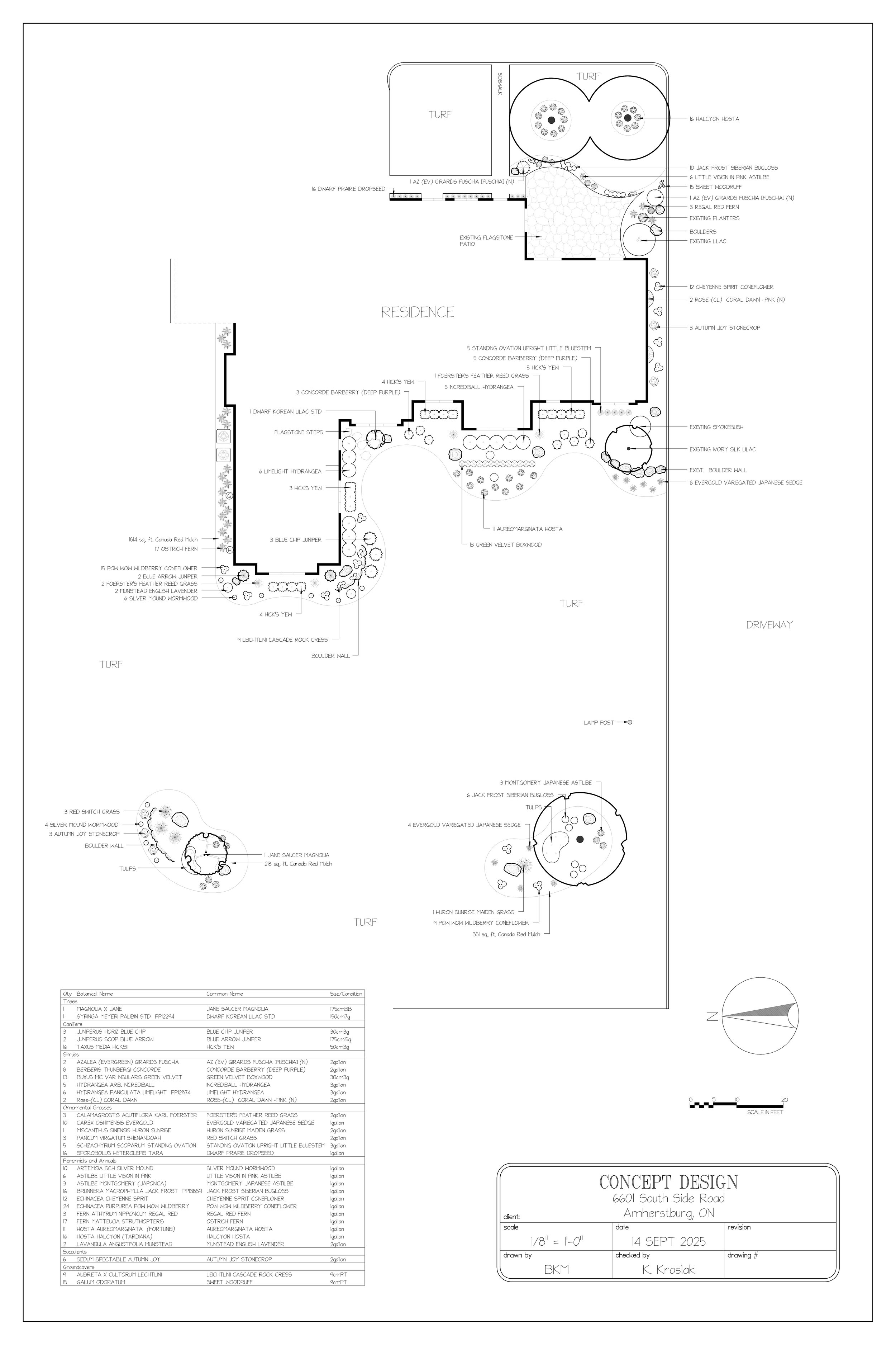 Landscape design plan for a residence on South Side Road in Amherstburg, Ontario, showing layout of gardens, trees, shrubs, pathways, and outdoor features with detailed labels and measurements.