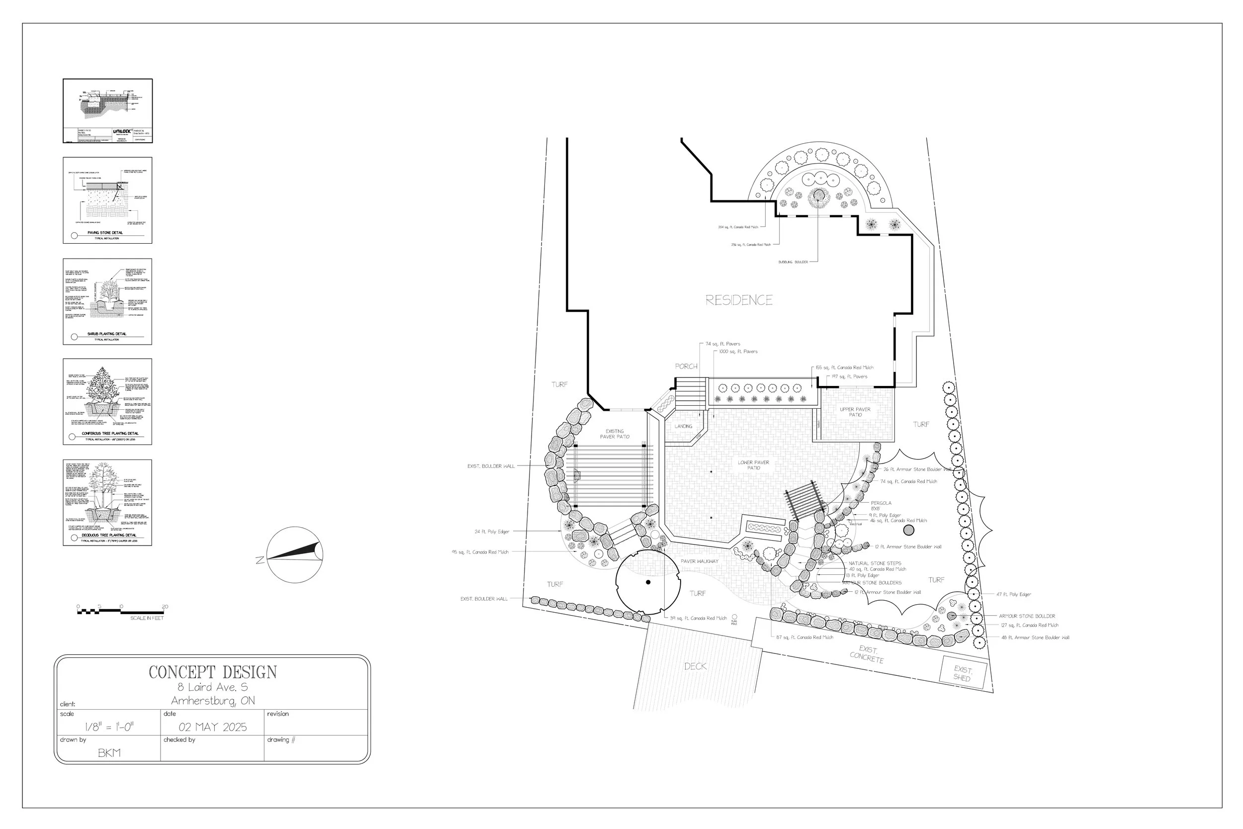 Architectural plan for a residence with landscaping and outdoor features, including patios, turf areas, stone walls, planting beds, and a deck.