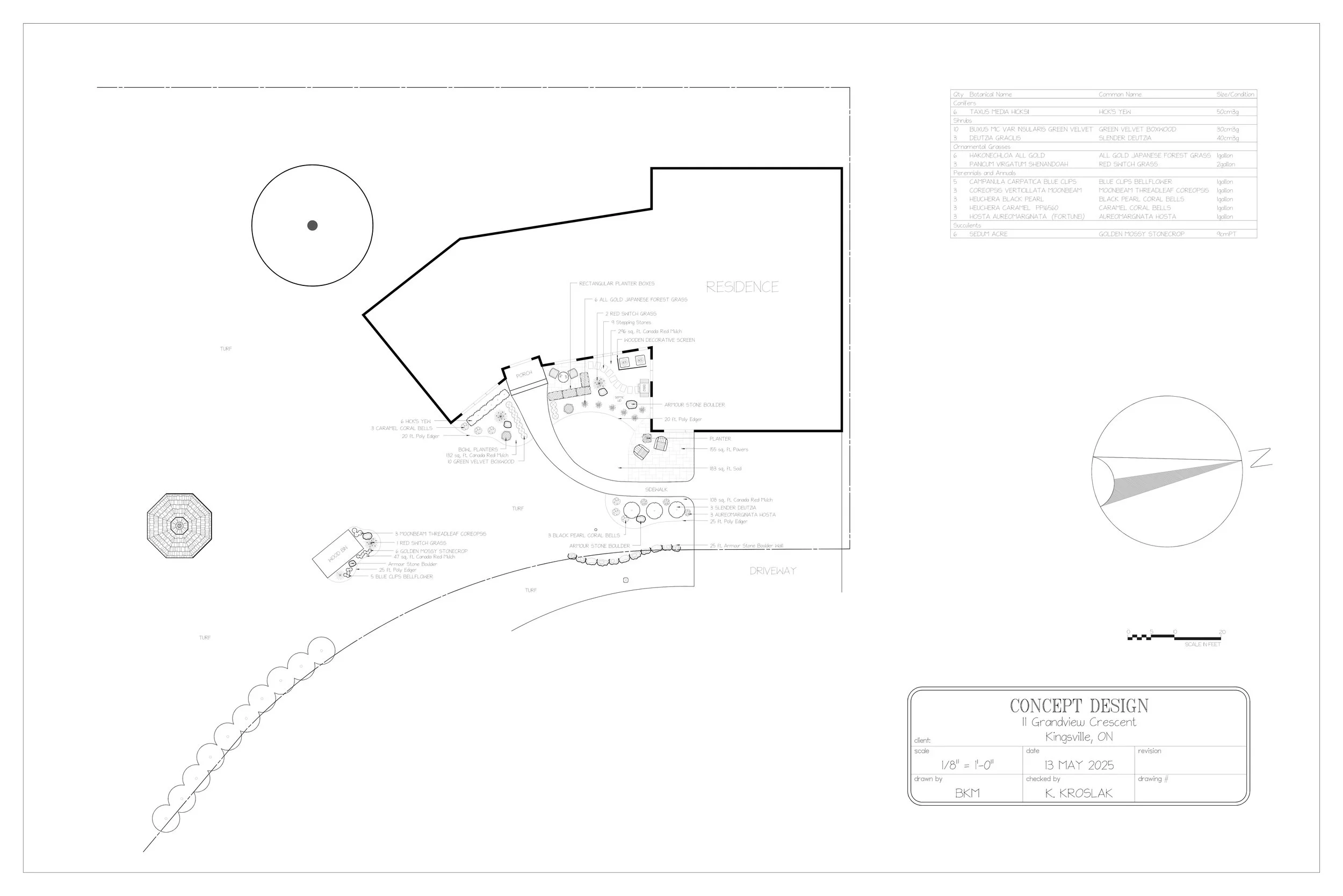 Architectural plan of a residential property, including driveway, porch, garden areas, and landscape details with labels and measurements.