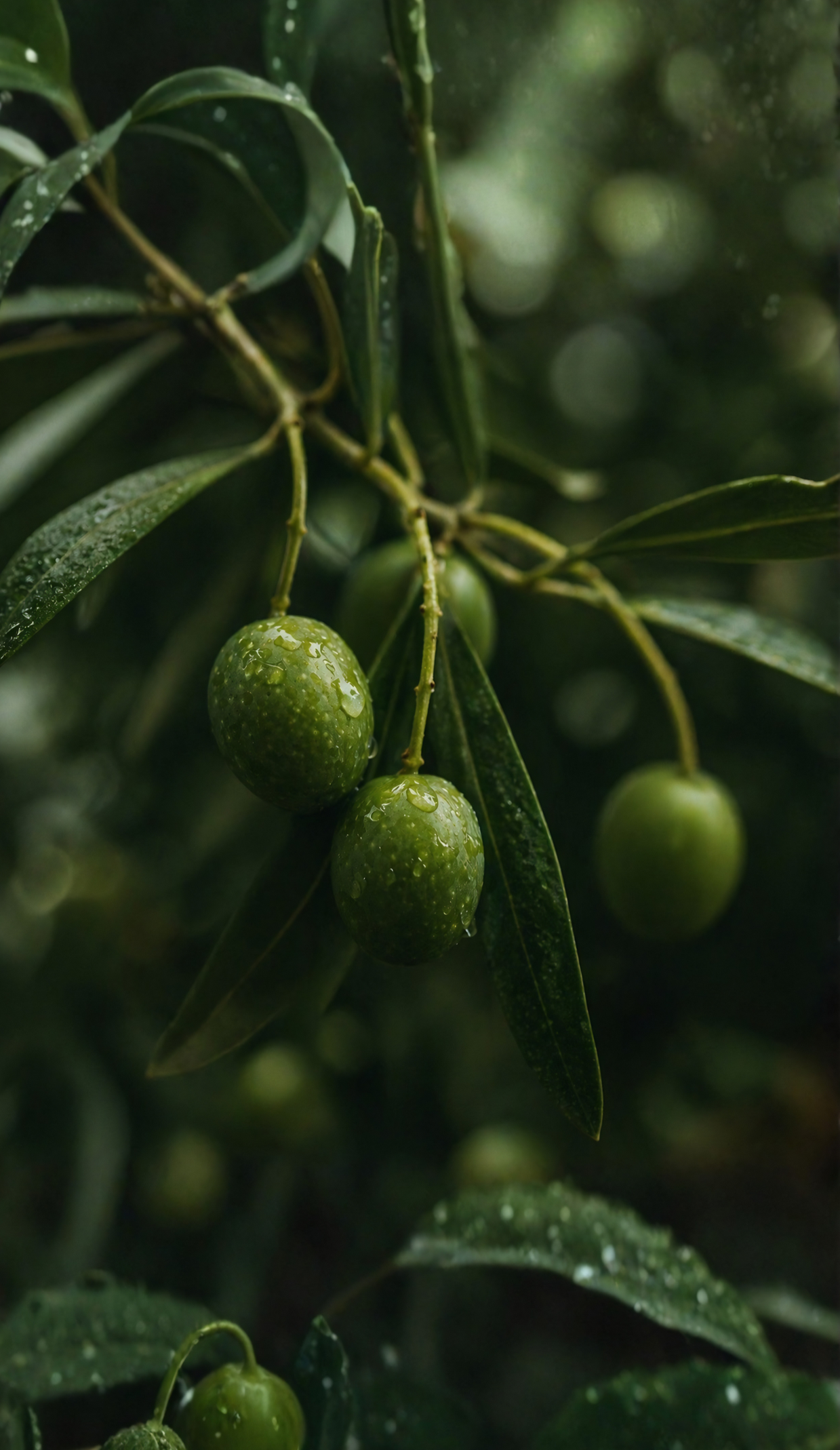 Green olives hanging from a branch with dark green leaves, some drops of water on the surface.