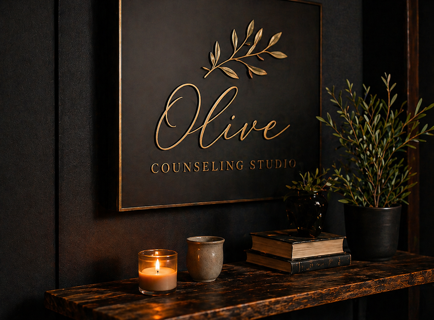 Decorative sign reads "Olive Counseling Studio" with a gold leaf graphic above, placed on a dark wall. On a rustic wooden shelf below, there is a lit candle in a glass holder, a small beige ceramic pot, a black vase with green foliage, and two stacked books.