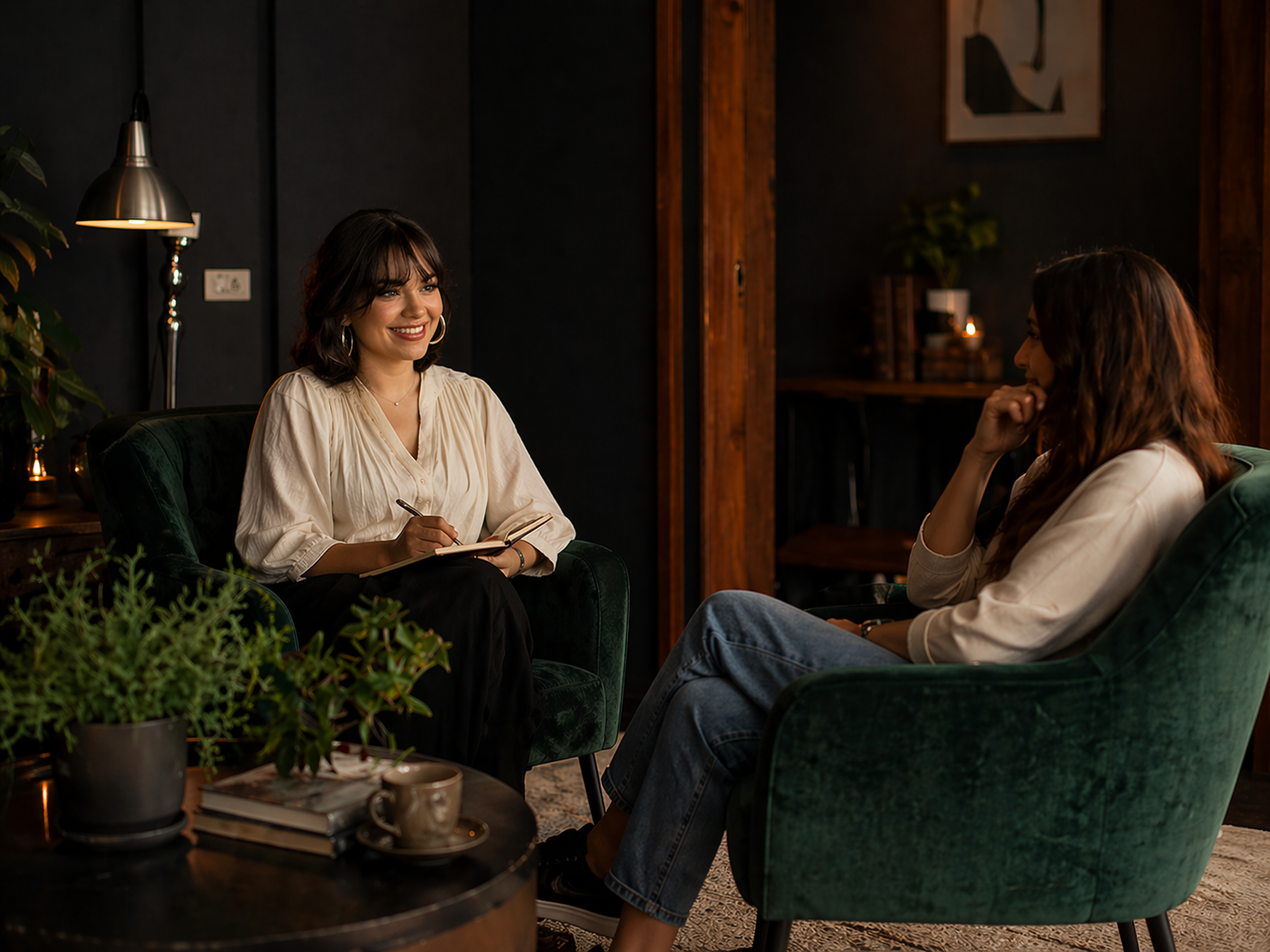 Two women having a conversation in a cozy, dimly-lit room with dark walls and wooden accents. One woman is smiling, holding a notepad and pen, while the other is sitting with her hand near her mouth, listening attentively.