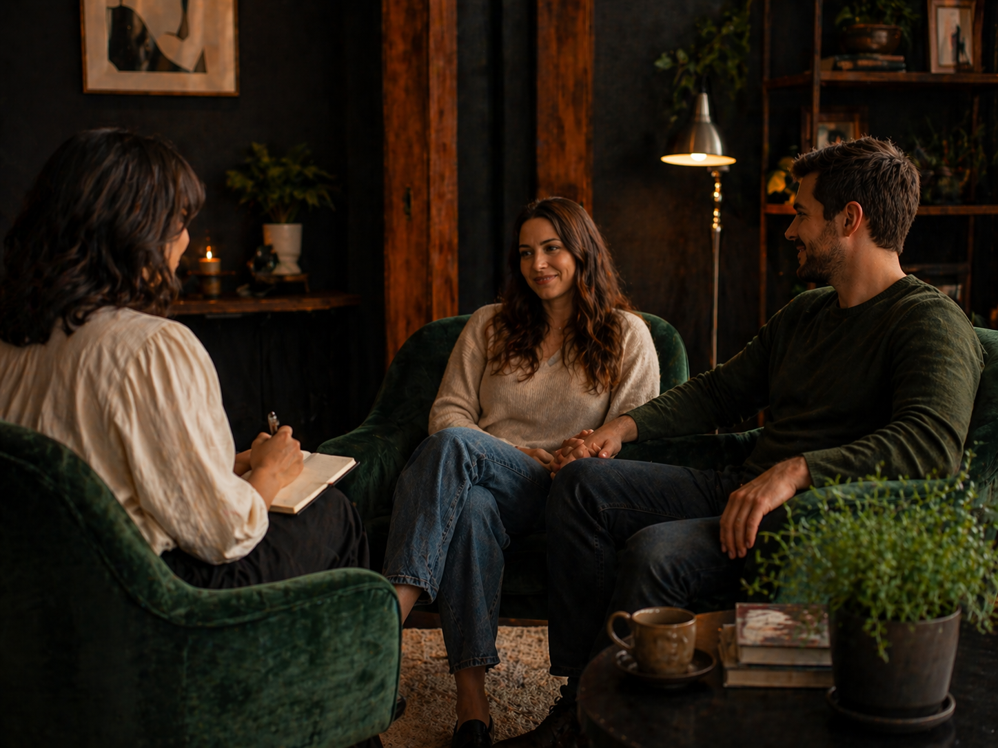 Three people sitting on a green velvet sofa having a conversation in a cozy, dimly lit room with wooden accents and shelves filled with plants and books.