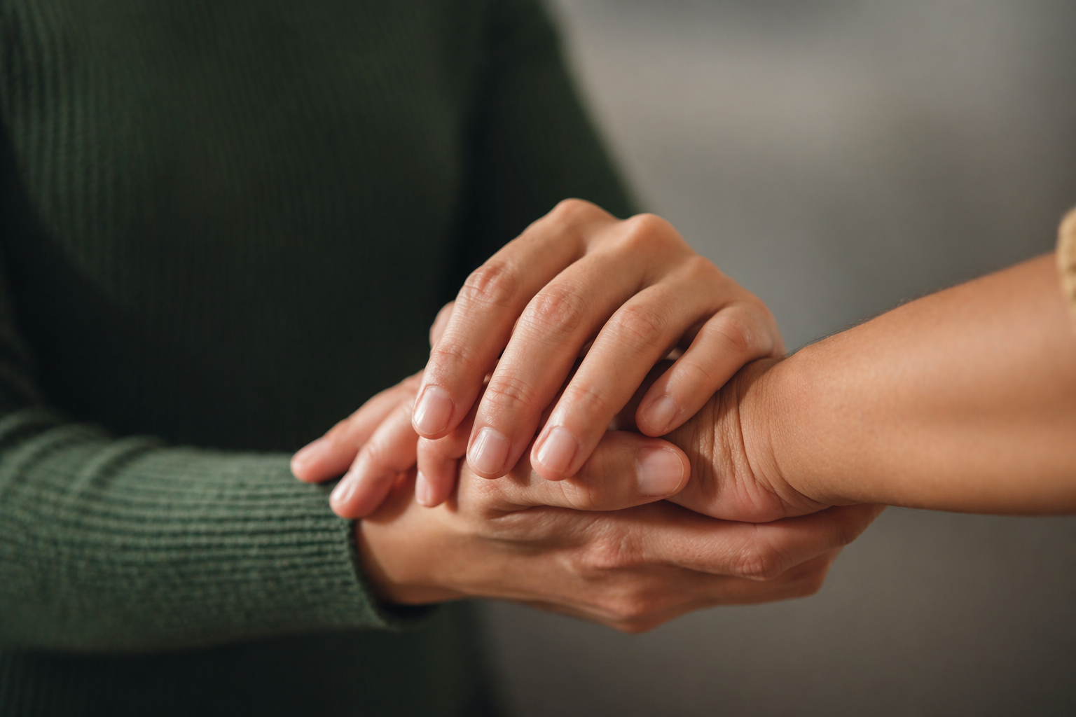 Two people gently holding hands in a comforting gesture.