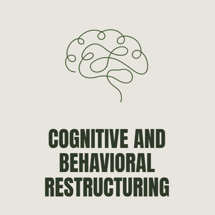 Illustration of a brain made with a green, curly line and bold text reading "Cognitive and Behavioral Restructuring" below it.