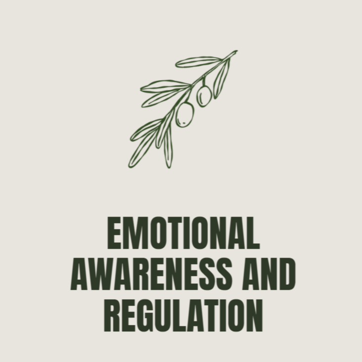 Simple illustration of an olive branch with leaves and olives, above the text 'Emotional Awareness and Regulation' in bold letters.