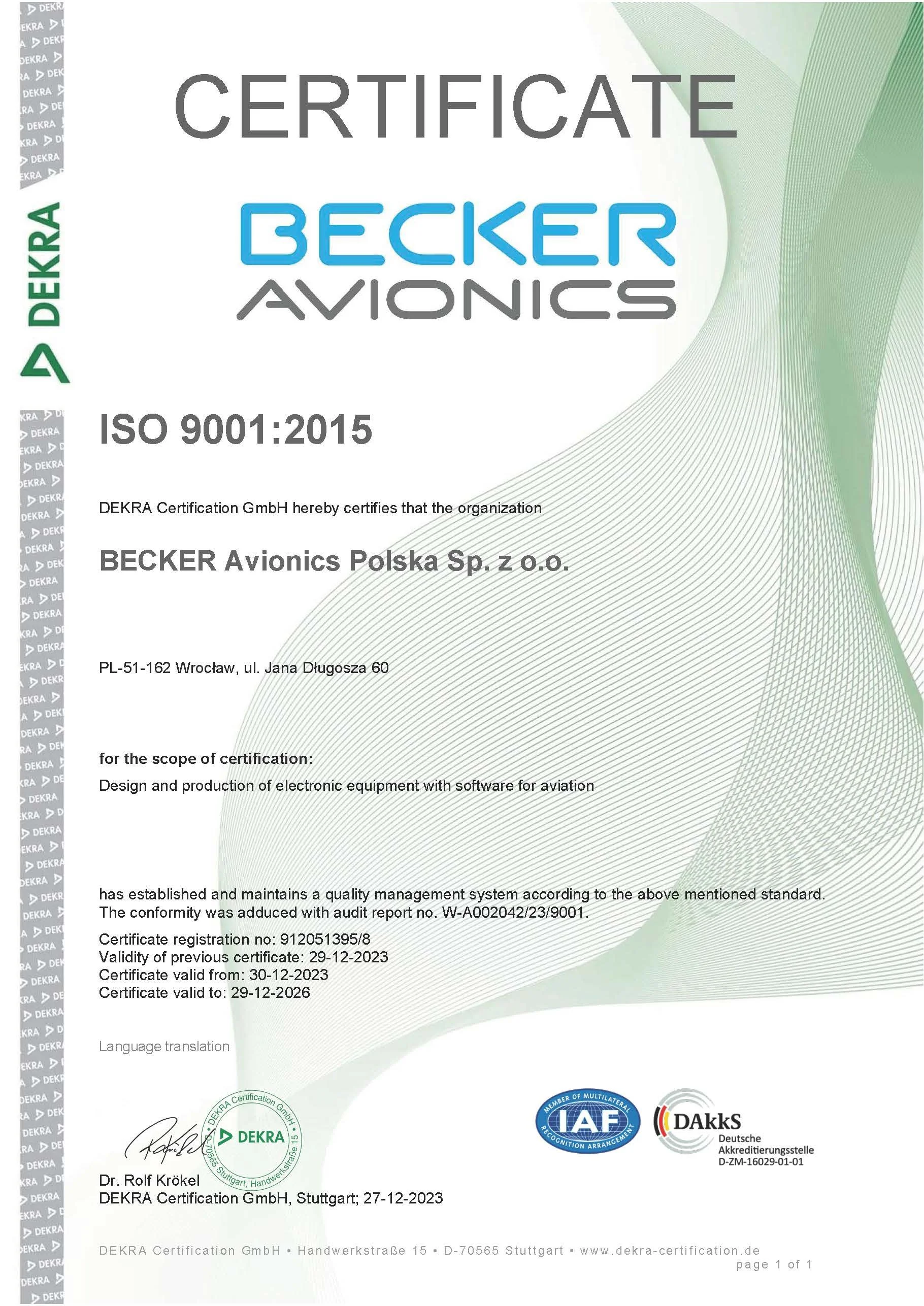 BECKER Avionics Polska Sp. z o.o. ISO 9001:2015 compliance certificate.
