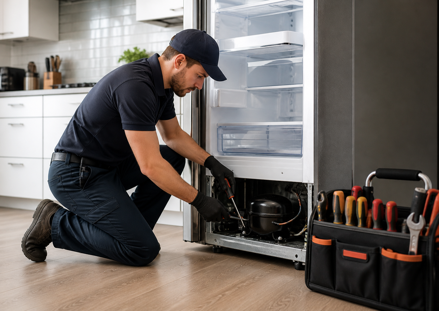 A technician kneeling on the floor and using a screwdriver to work on the inside of an open refrigerator in a modern kitchen. A tool kit with various screwdrivers is placed nearby.