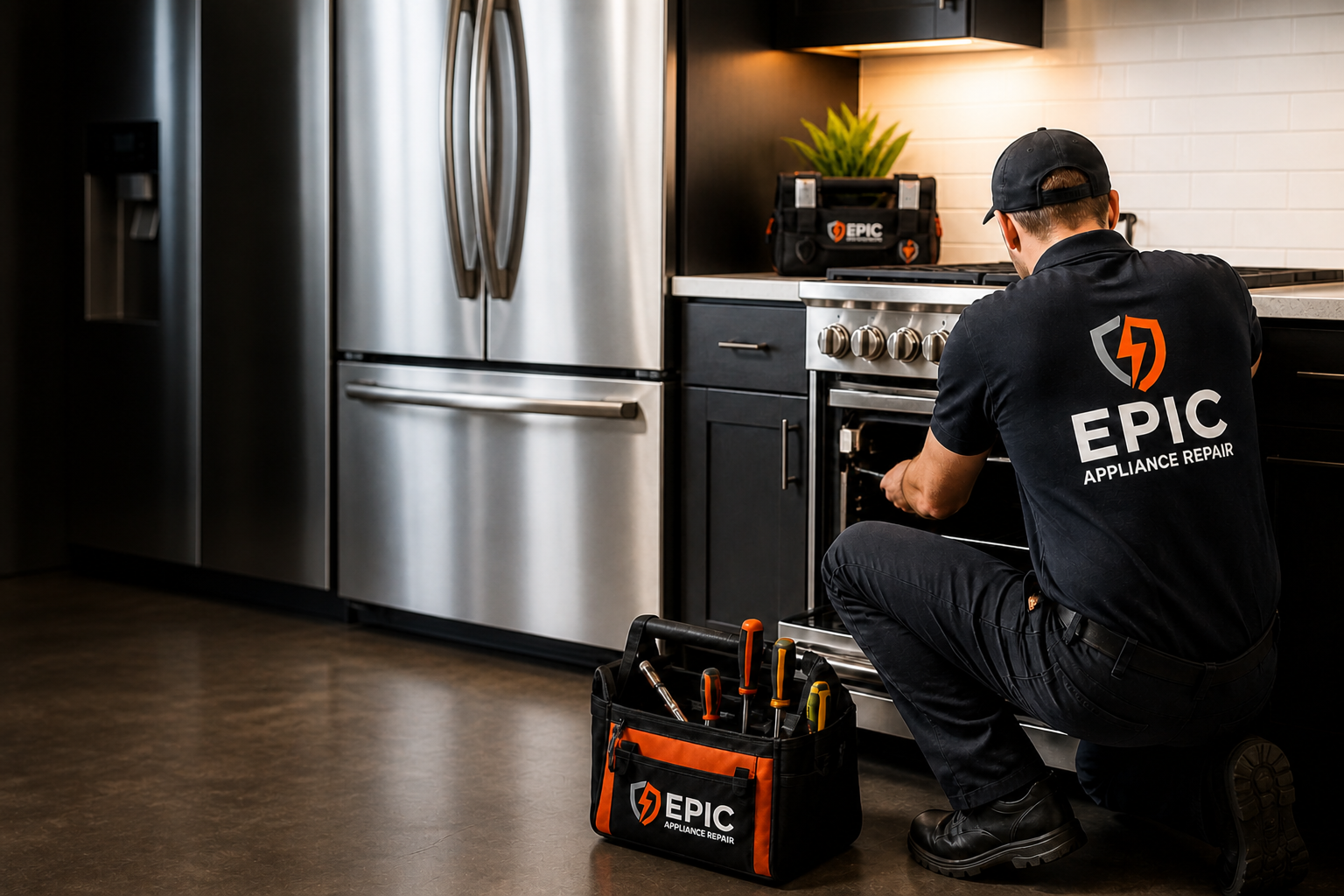 A technician kneeling in a modern kitchen, repairing an oven. The technician wears a black shirt and cap with 'EPIC Appliance Repair' logo. Tools are in a black and orange tool bag on the floor, and another tool bag is on the counter nearby.