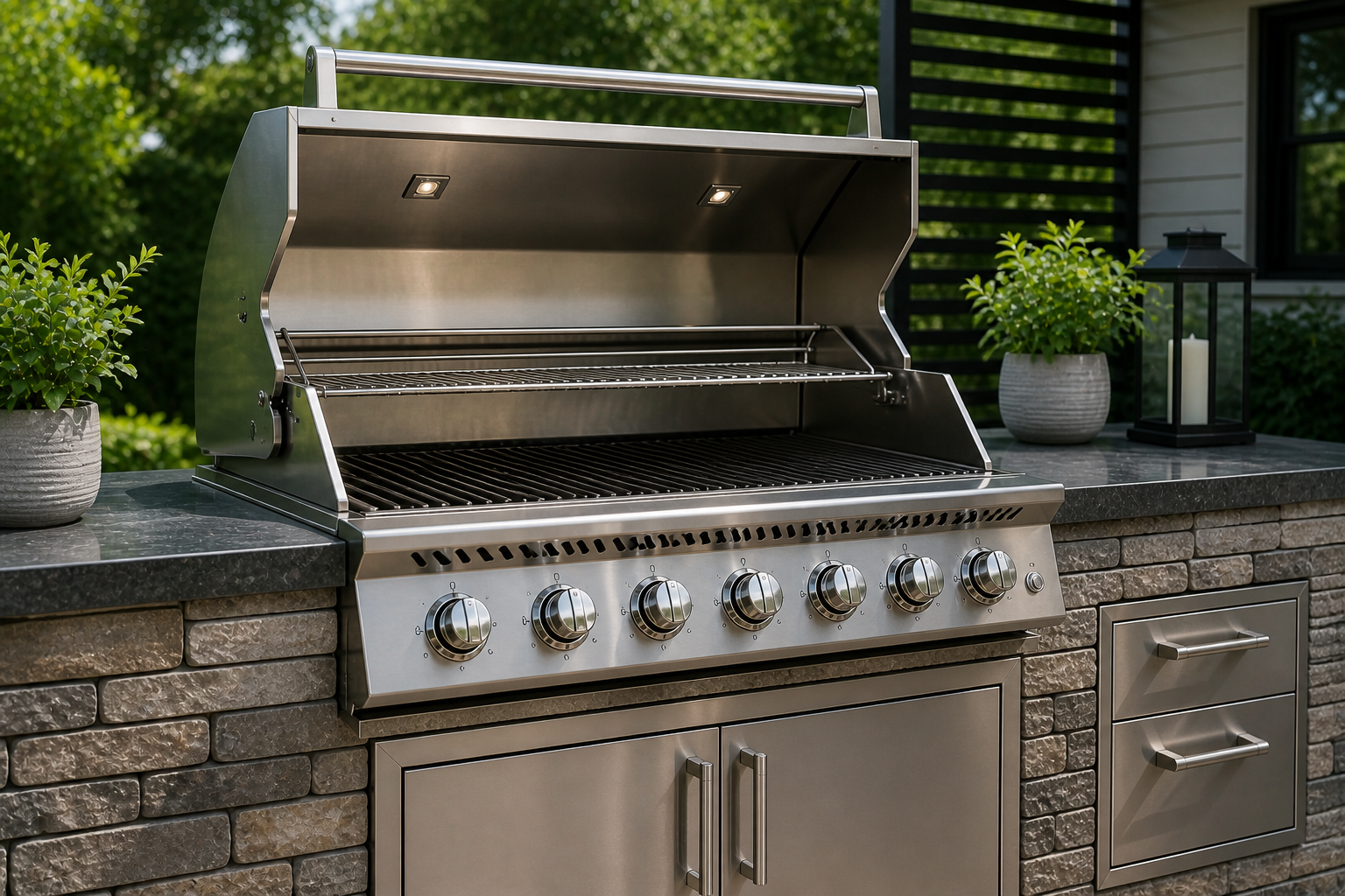 Stainless steel outdoor grill on a kitchen island with a stone base, flanked by potted plants and a lantern with a candle, set against a background of trees and a house.