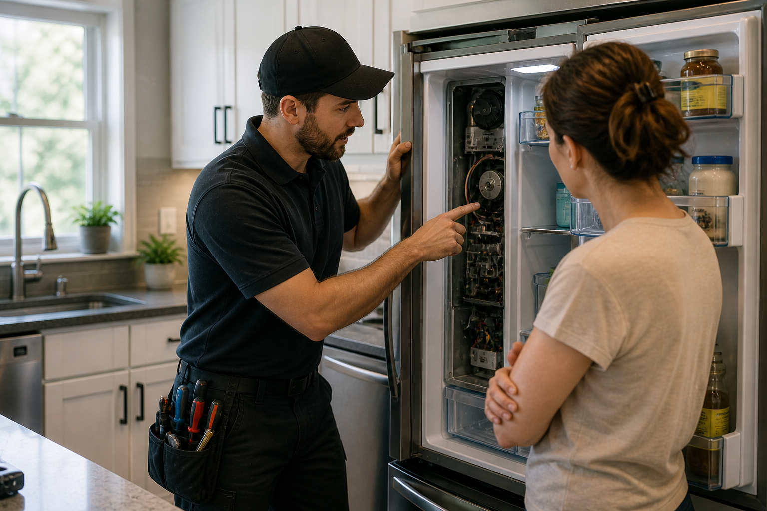 A technician and a woman working on repairing or inspecting the inside of a refrigerator in a kitchen.
