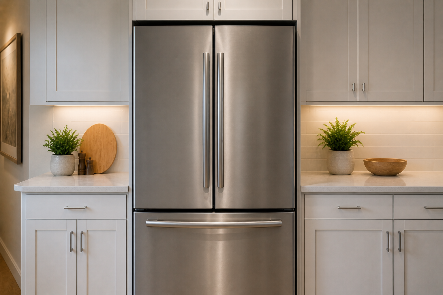 Kitchen with stainless steel refrigerator and white cabinets, decorated with plants and wooden bowls.