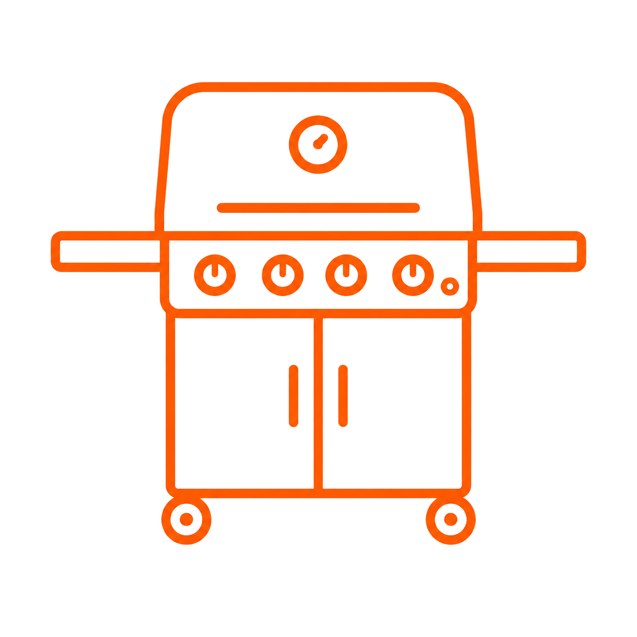 Outline of a grill with wheels, multiple control knobs, and a lid on top, shown in orange line art on