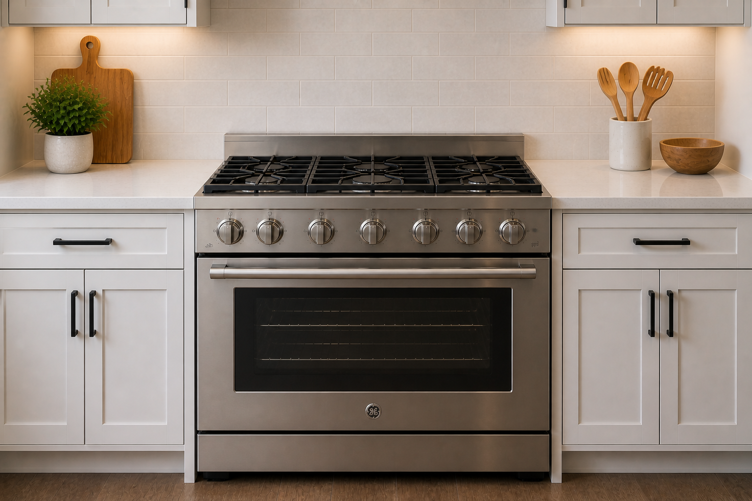Modern kitchen stove with white cabinetry, a potted plant, cutting board, and utensils on the countertops.