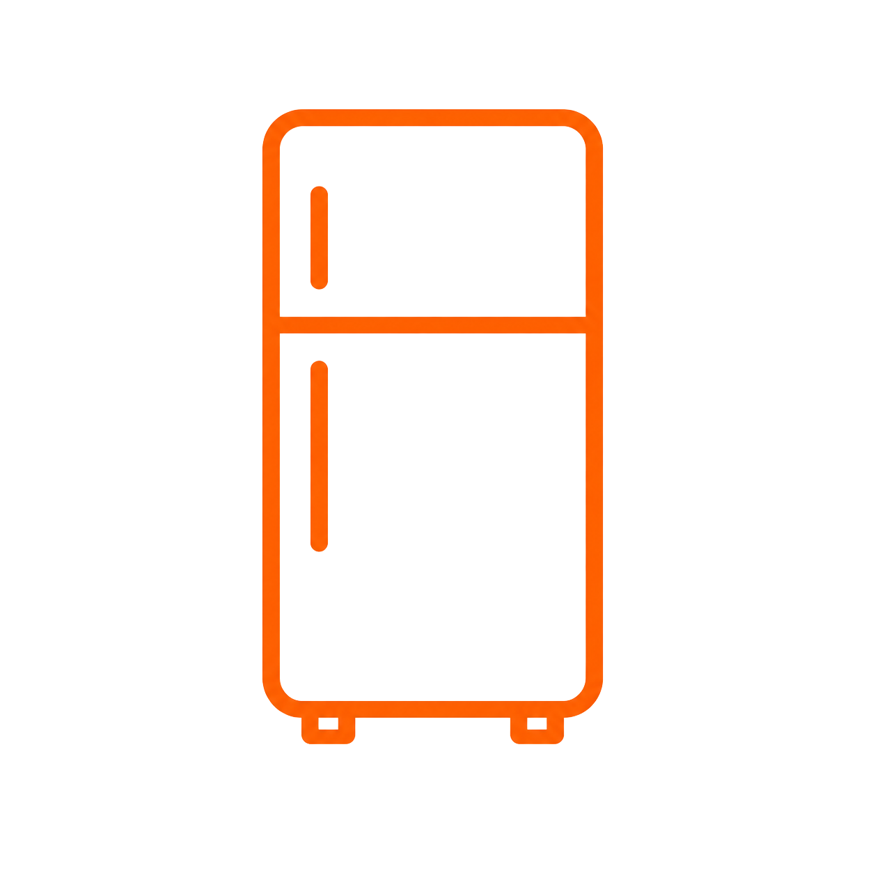 Outline of a vintage refrigerator with a top freezer and bottom fridge section, in orange outline style.