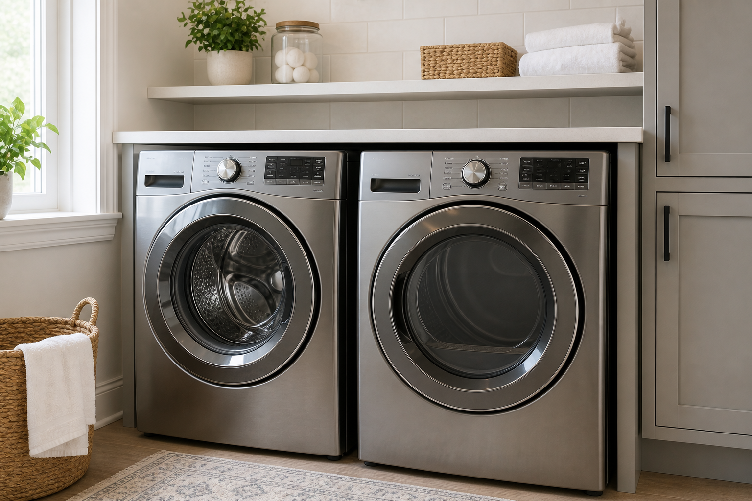 A laundry room with a front-loading washer and dryer in stainless steel, positioned side by side below a white countertop. There's a window with a potted plant on the windowsill to the left, and a woven basket with a towel inside on the floor. The shelf above holds a potted plant, a jar of balls, a woven storage box, and folded white towels.