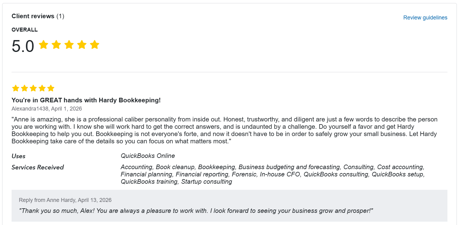 Screenshot of a Google review with a 5-star rating for Hardy Bookkeeping, praising Anne Hardy for professional and trustworthy bookkeeping services, mentioning specific services received such as accounting, bookkeeping, and QuickBooks consulting.